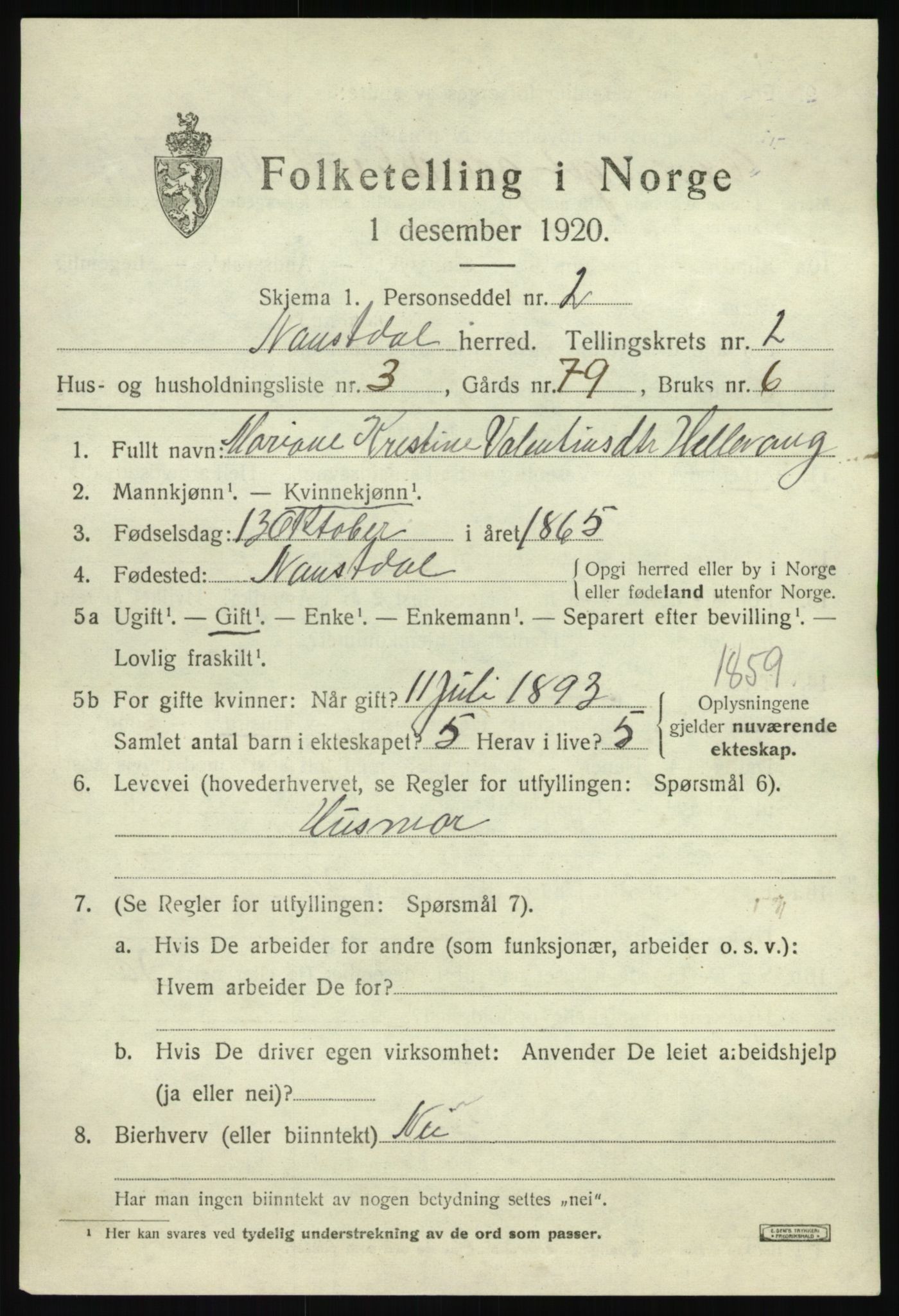 SAB, 1920 census for Naustdal, 1920, p. 1287