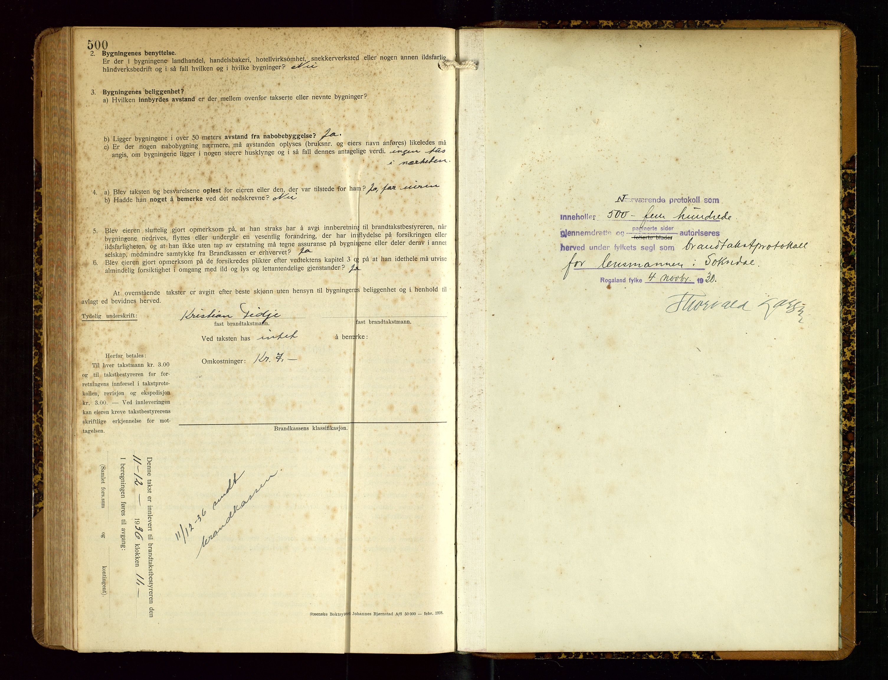 Sokndal lensmannskontor, SAST/A-100417/Gob/L0007: "Brandtakst-Protokoll", 1930-1936, p. 500
