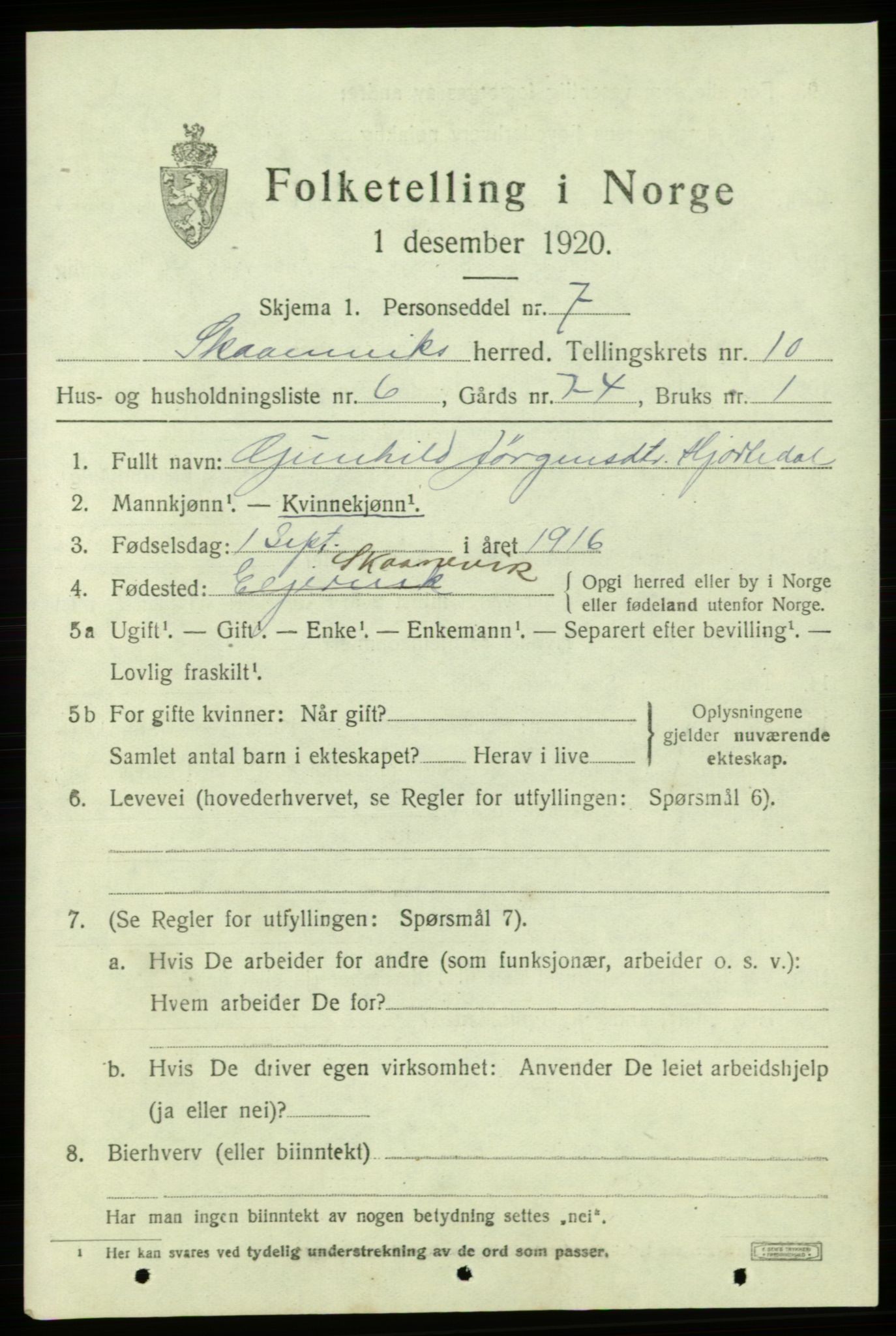 SAB, 1920 census for Skånevik, 1920, p. 5169