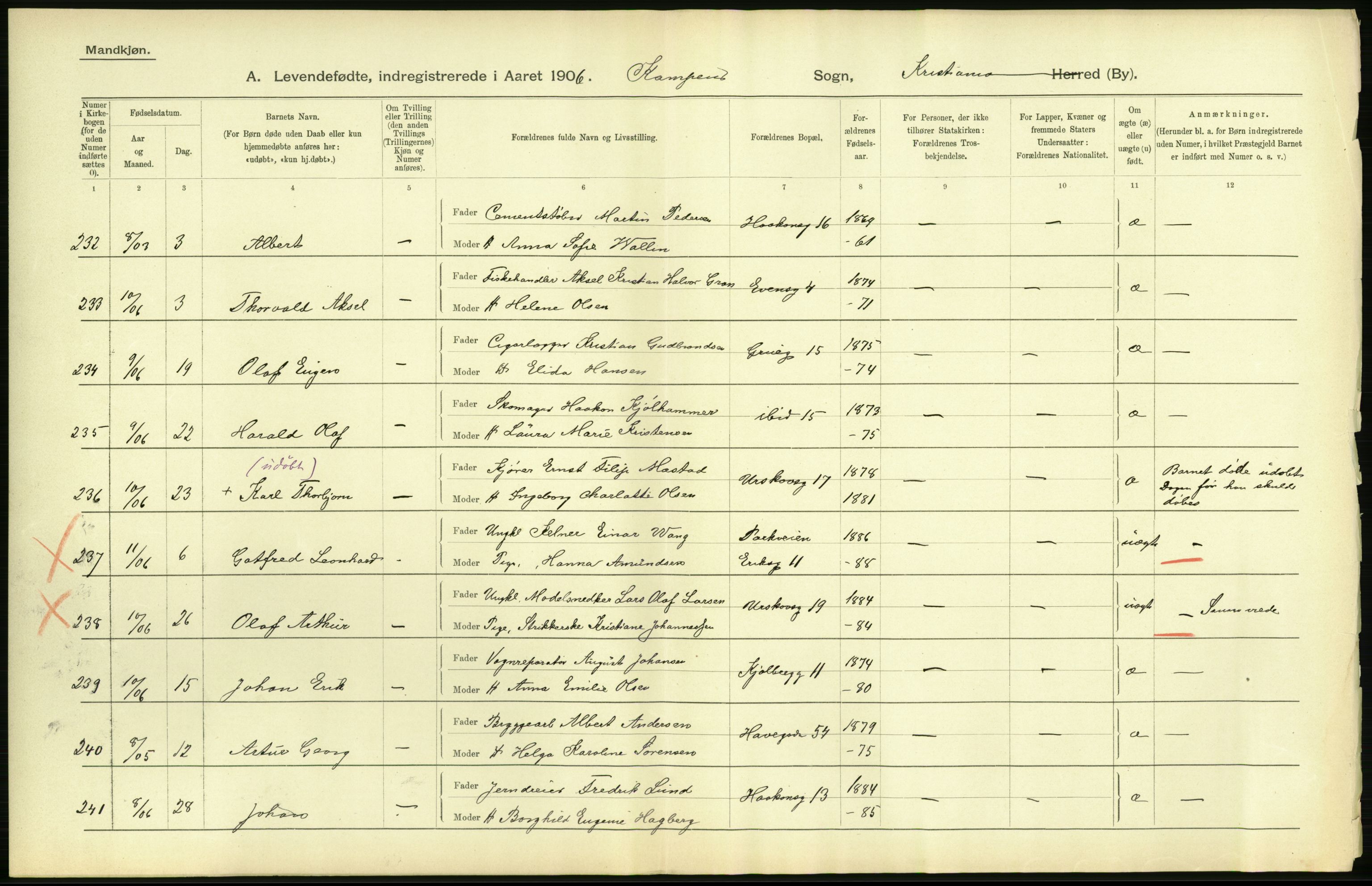 Statistisk sentralbyrå, Sosiodemografiske emner, Befolkning, AV/RA-S-2228/D/Df/Dfa/Dfad/L0007: Kristiania: Levendefødte menn og kvinner., 1906, p. 744