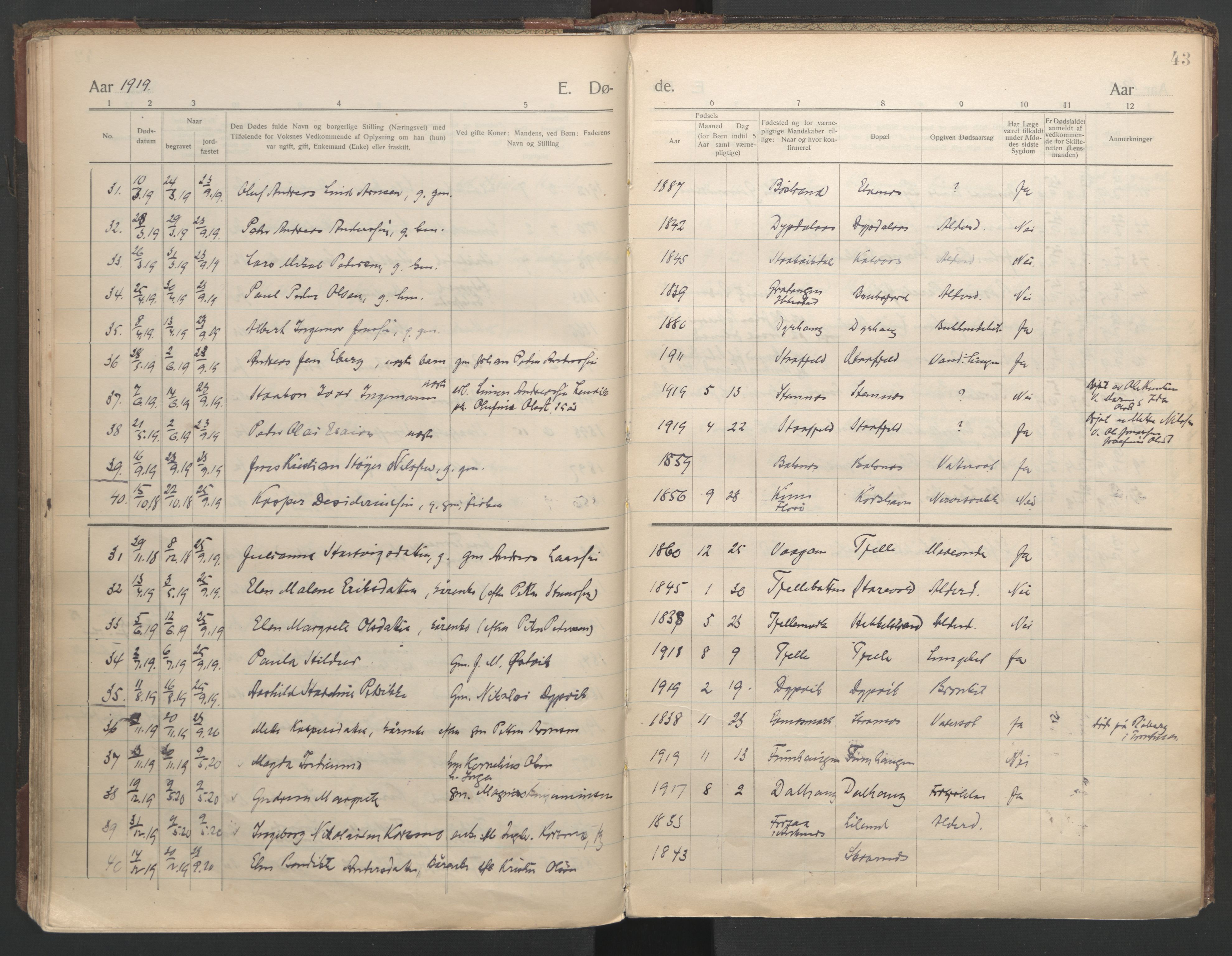 Ministerialprotokoller, klokkerbøker og fødselsregistre - Nordland, AV/SAT-A-1459/863/L0903: Parish register (official) no. 863A15, 1907-1937, p. 43