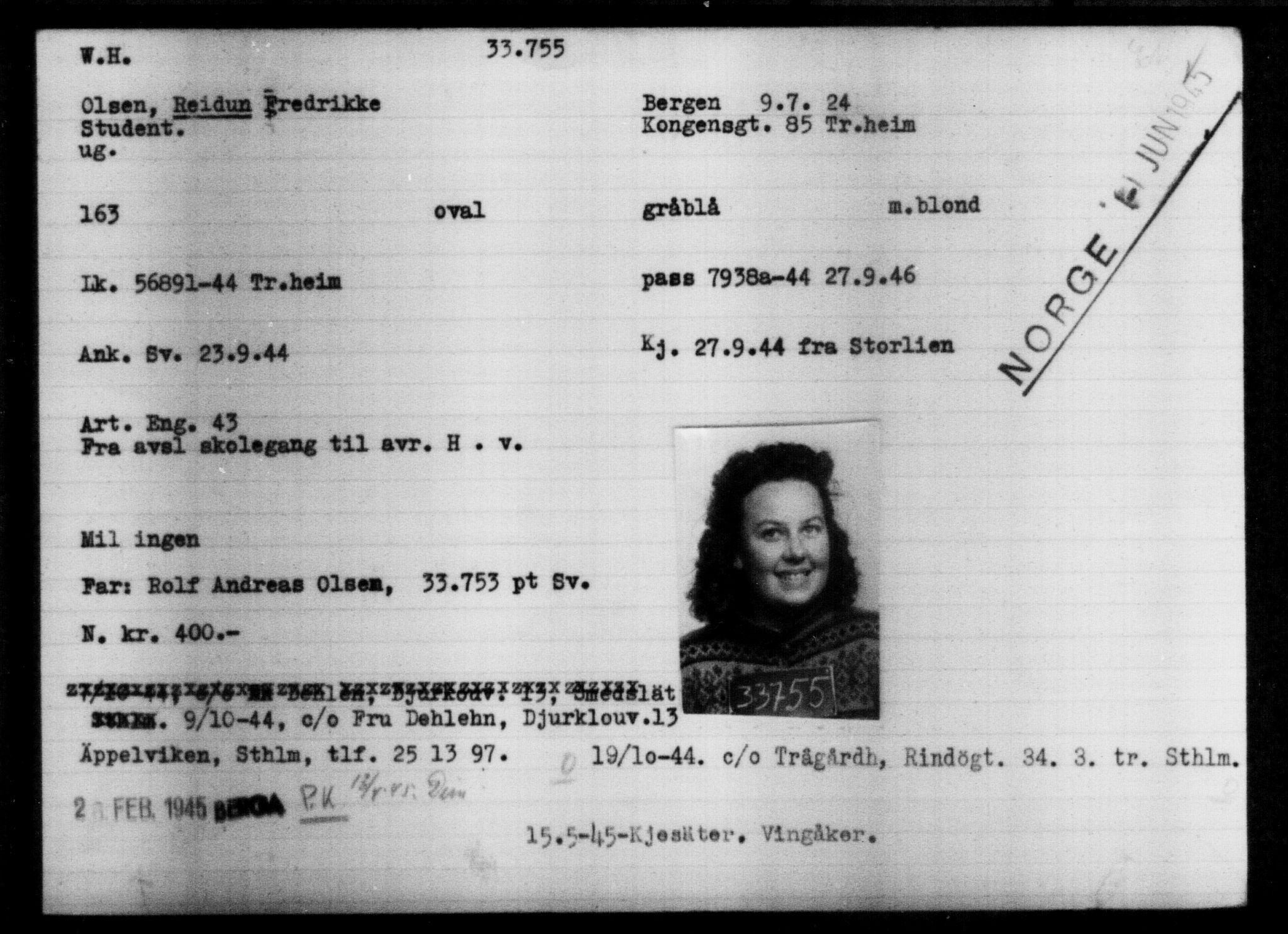 Utenriksstasjonene, Legasjonen i Stockholm, Flyktningkontoret, AV/RA-S-6753/V/Va/L0013: Kjesäterkartoteket, flyktninger med registreringsnr. 31500-34731, 1940-1945, p. 2380