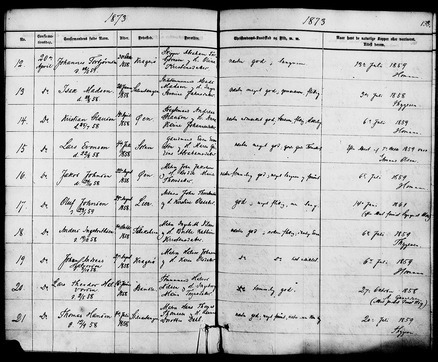 Kragerø kirkebøker, SAKO/A-278/F/Fa/L0008: Parish register (official) no. 8, 1856-1880, p. 138