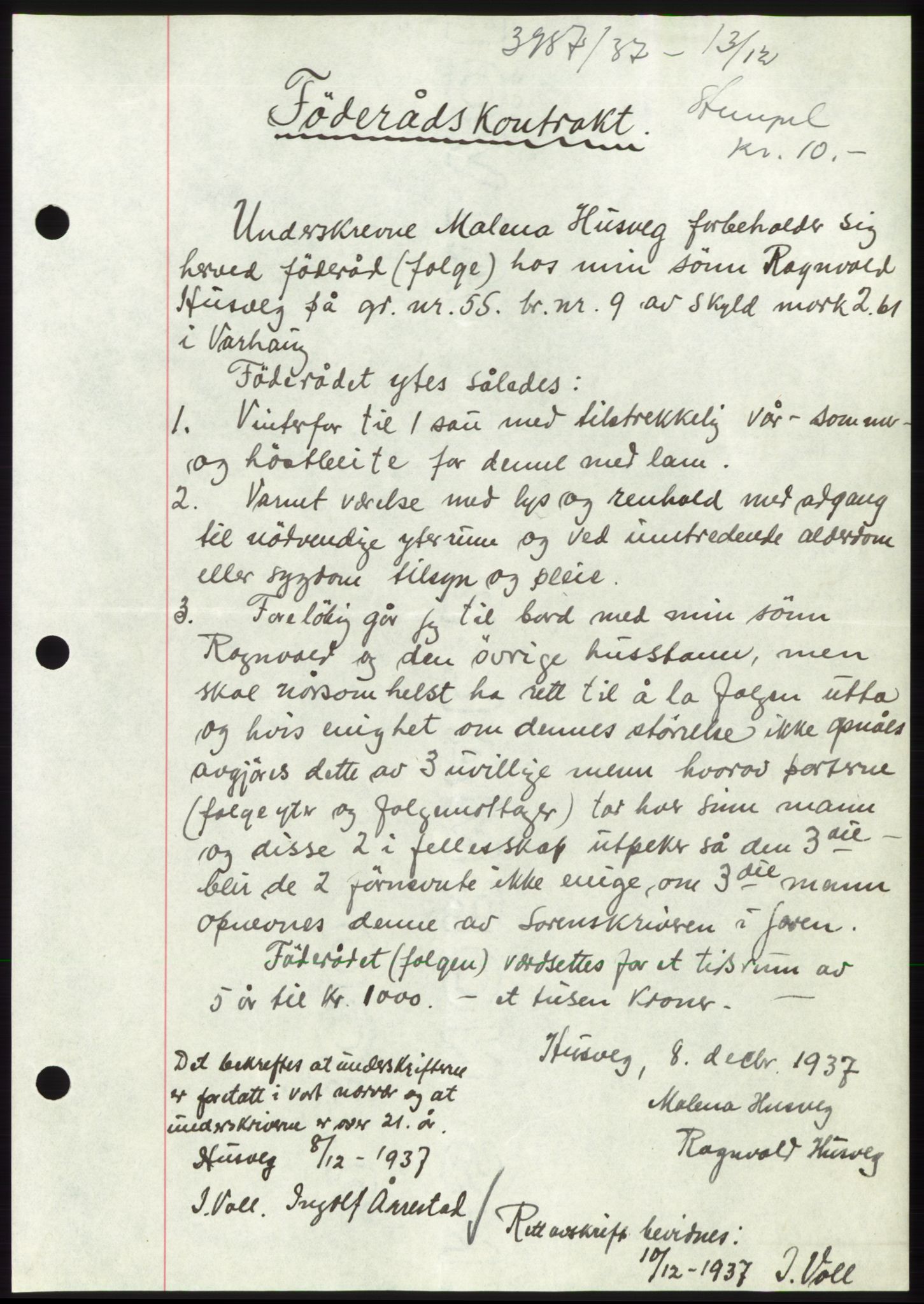 Jæren sorenskriveri, SAST/A-100310/03/G/Gba/L0069: Mortgage book, 1937-1937, Diary no: : 3987/1937