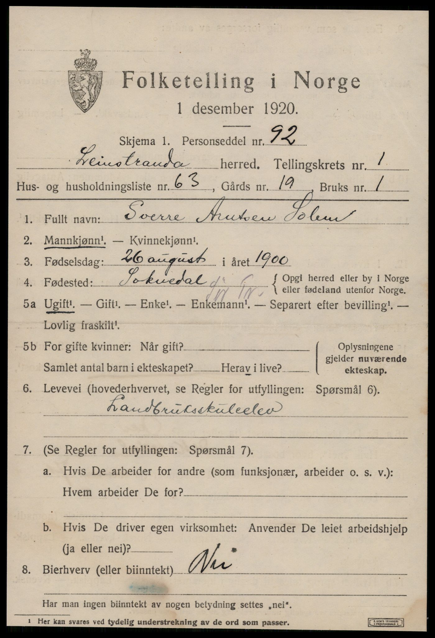 SAT, 1920 census for Leinstrand, 1920, p. 1549