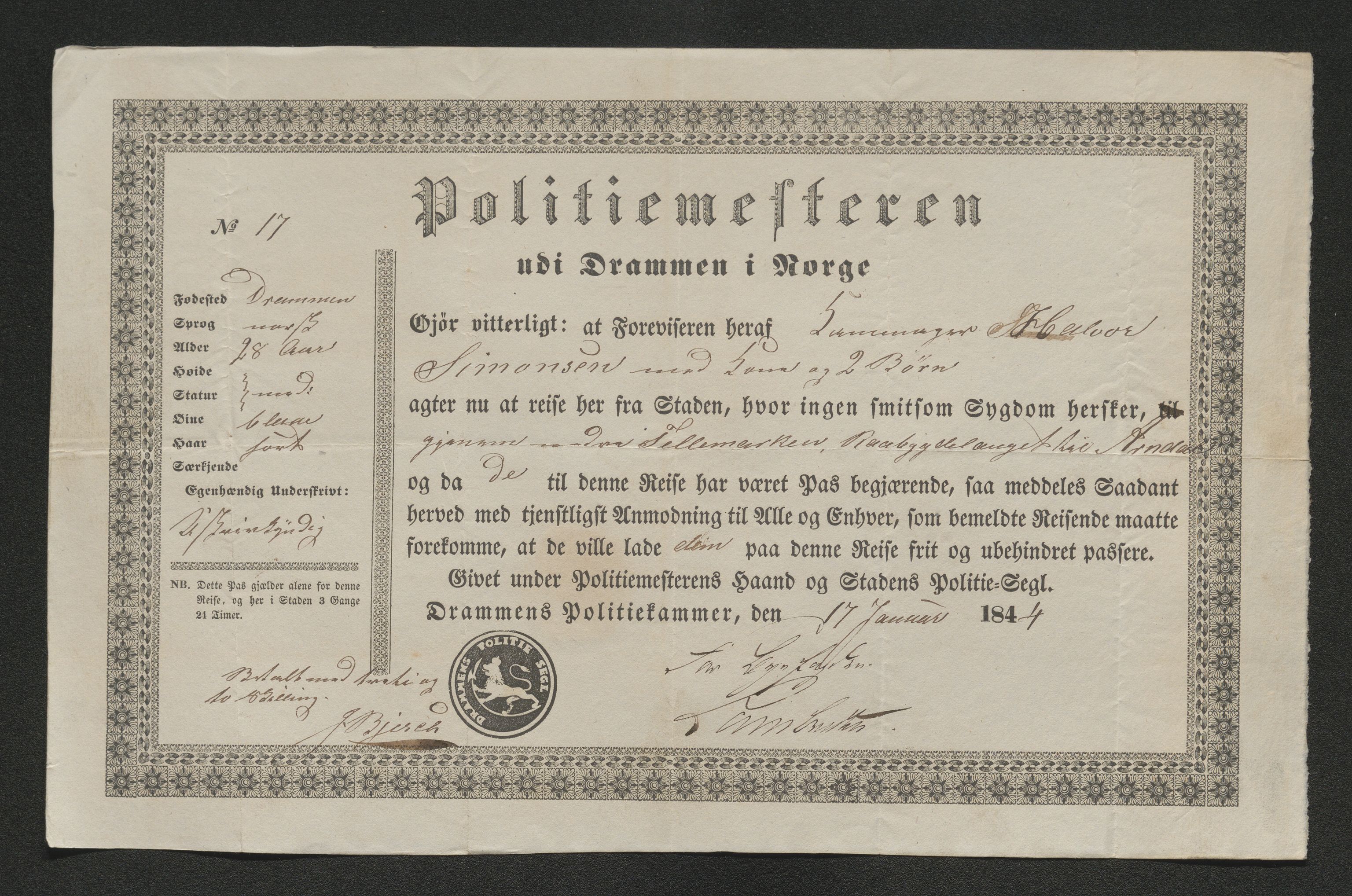 Drammen politikammer, SAKO/A-623/I/Ia/Iab/L0007: Innleverte pass, 1843-1844, p. 478