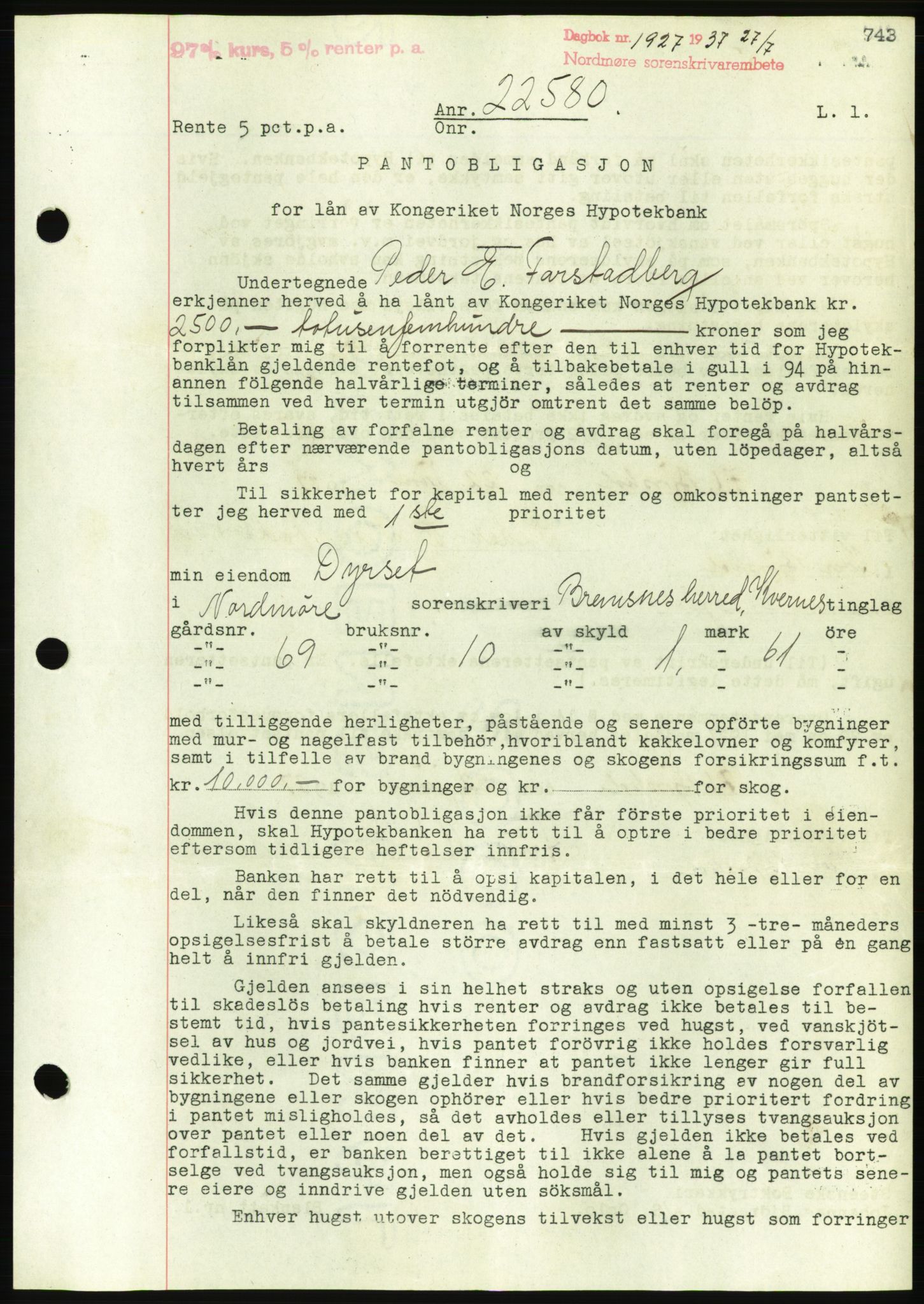 Nordmøre sorenskriveri, AV/SAT-A-4132/1/2/2Ca/L0091: Mortgage book no. B81, 1937-1937, Diary no: : 1927/1937