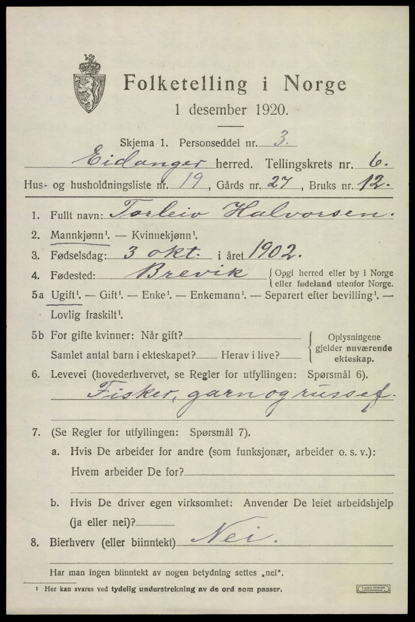 SAKO, 1920 census for Eidanger, 1920, p. 5262