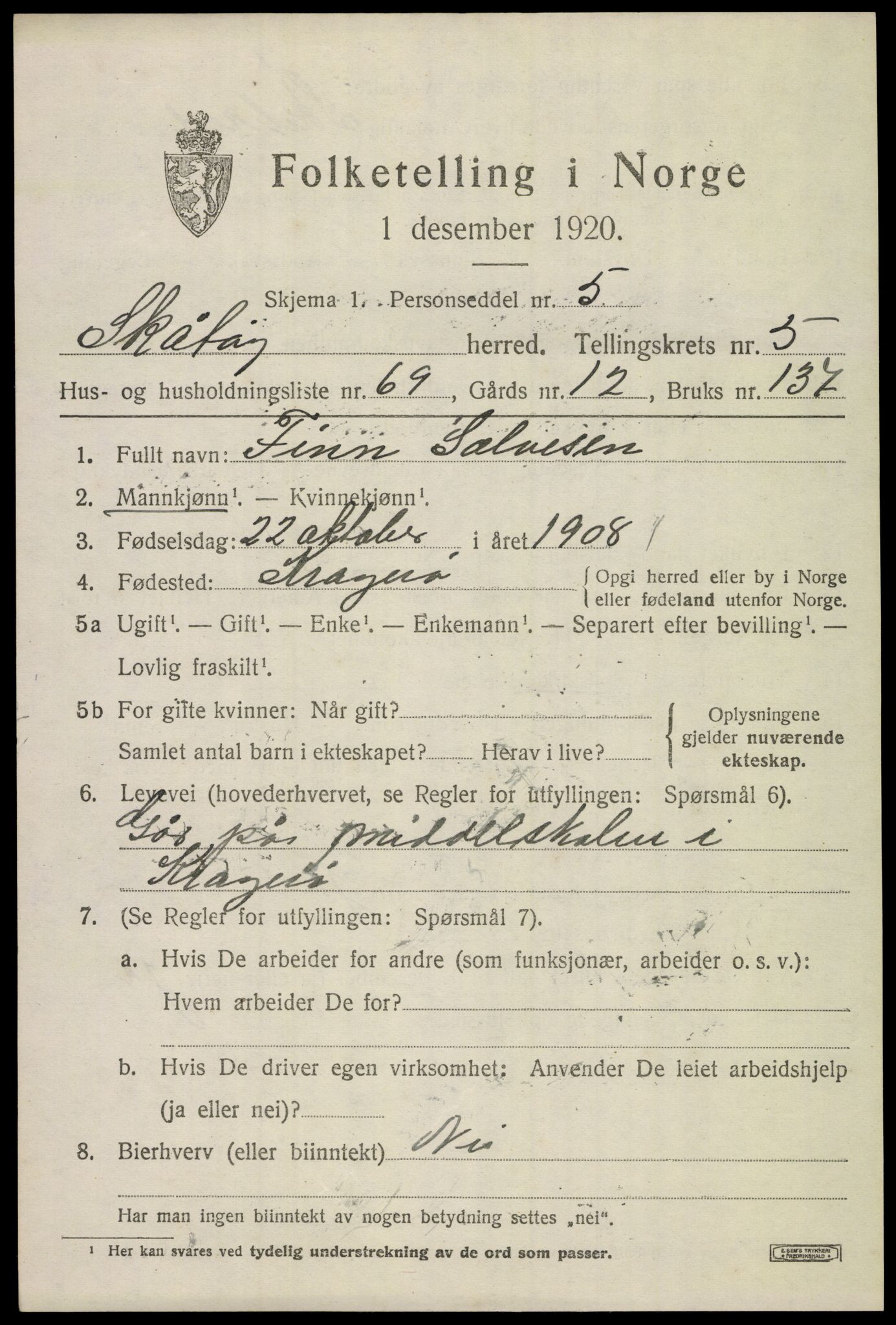 SAKO, 1920 census for Skåtøy, 1920, p. 4650