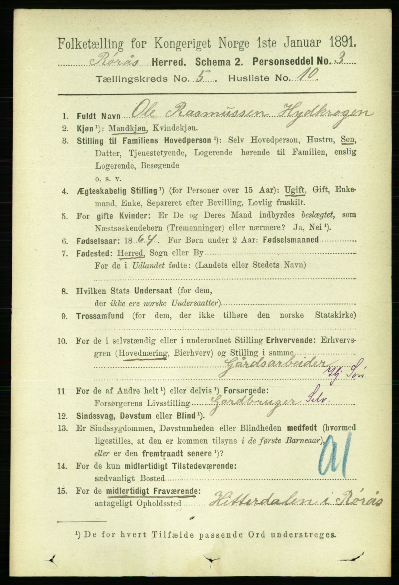 RA, 1891 census for 1640 Røros, 1891, p. 1073