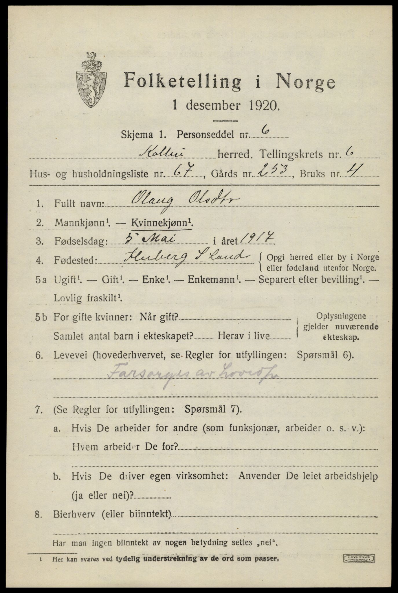 SAH, 1920 census for Kolbu, 1920, p. 5076
