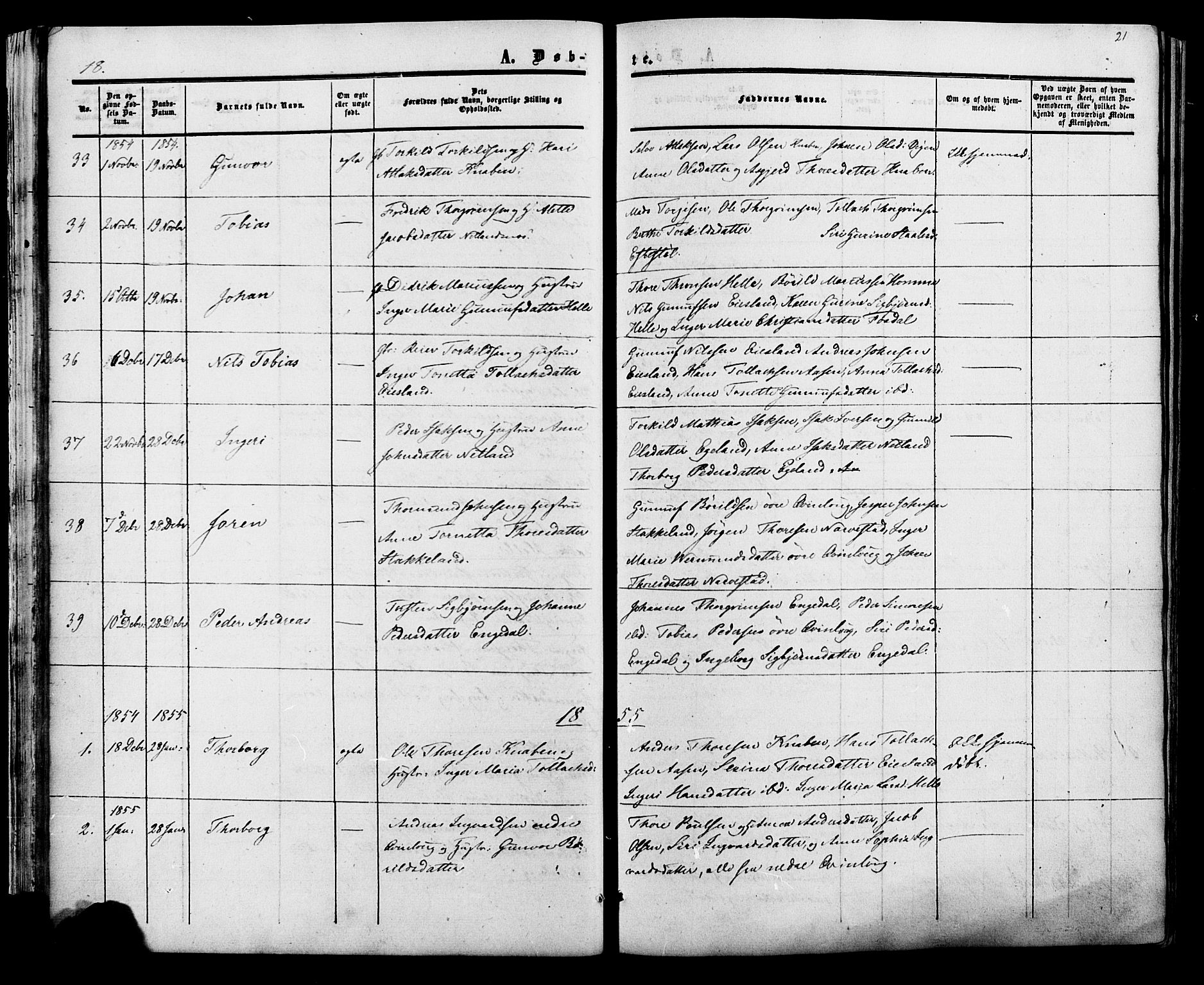 Fjotland sokneprestkontor, SAK/1111-0010/F/Fa/L0001: Parish register (official) no. A 1, 1850-1879, p. 21