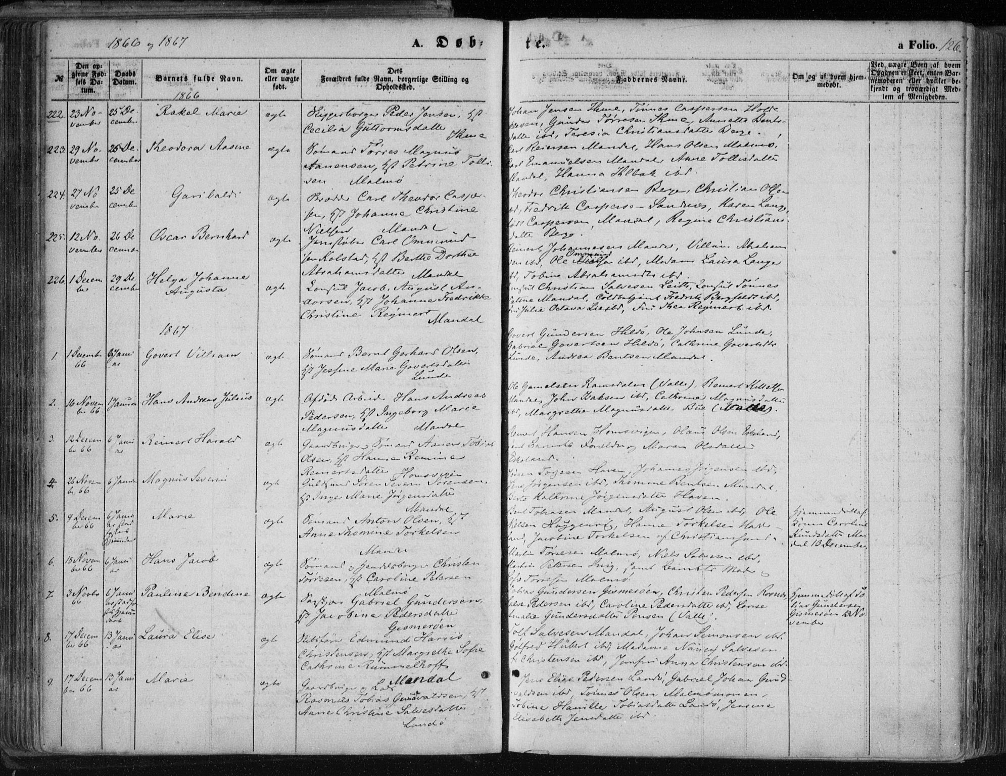 Mandal sokneprestkontor, SAK/1111-0030/F/Fa/Faa/L0014: Parish register (official) no. A 14, 1859-1872, p. 126