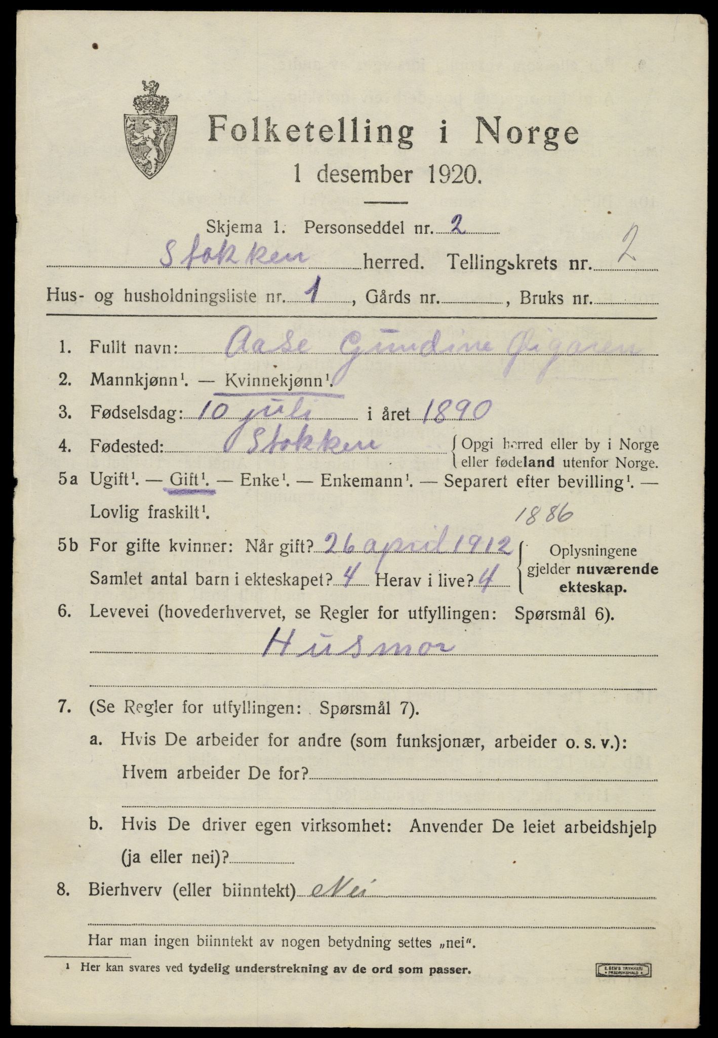 SAK, 1920 census for Stokken, 1920, p. 1490