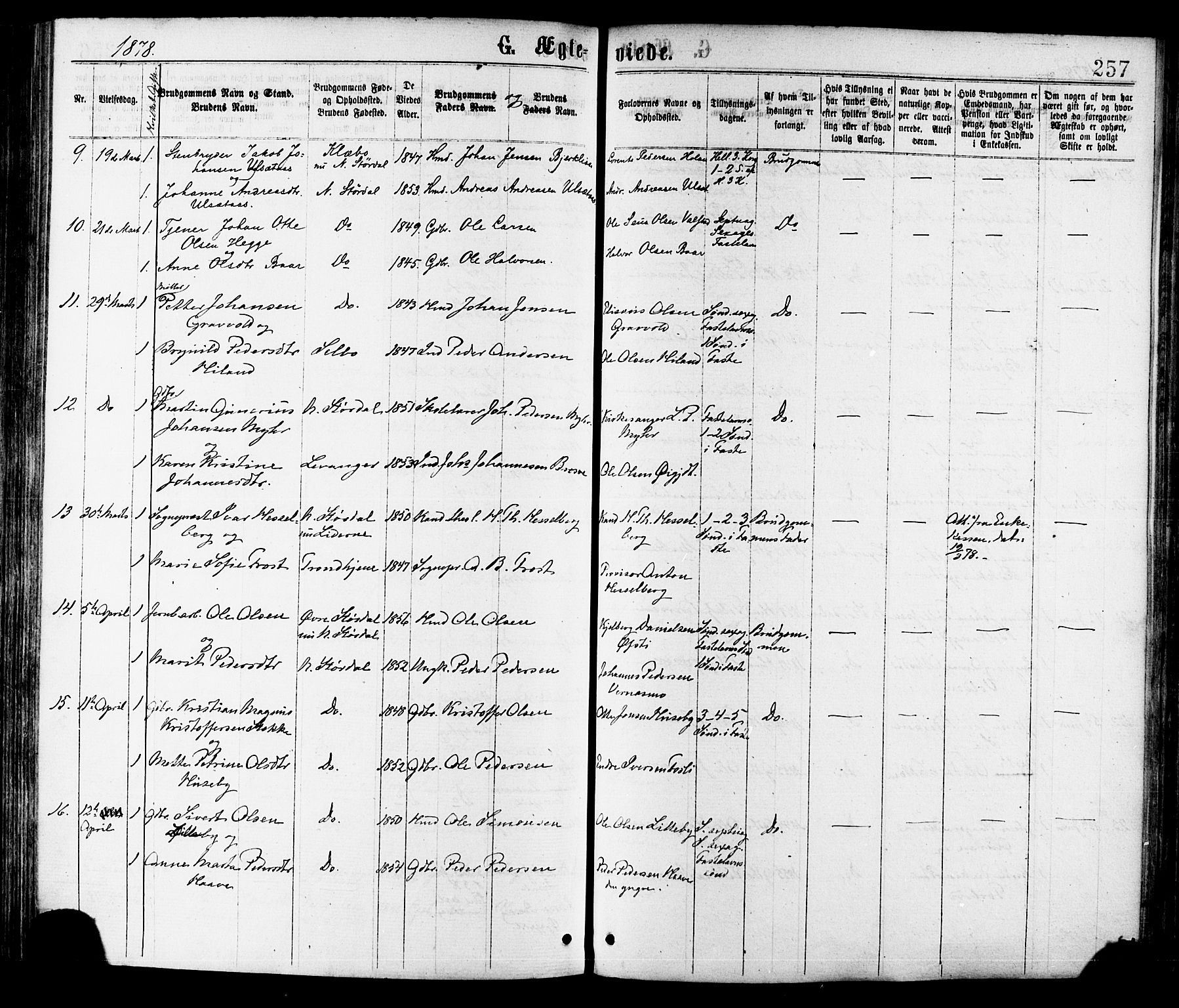 Ministerialprotokoller, klokkerbøker og fødselsregistre - Nord-Trøndelag, AV/SAT-A-1458/709/L0076: Parish register (official) no. 709A16, 1871-1879, p. 257