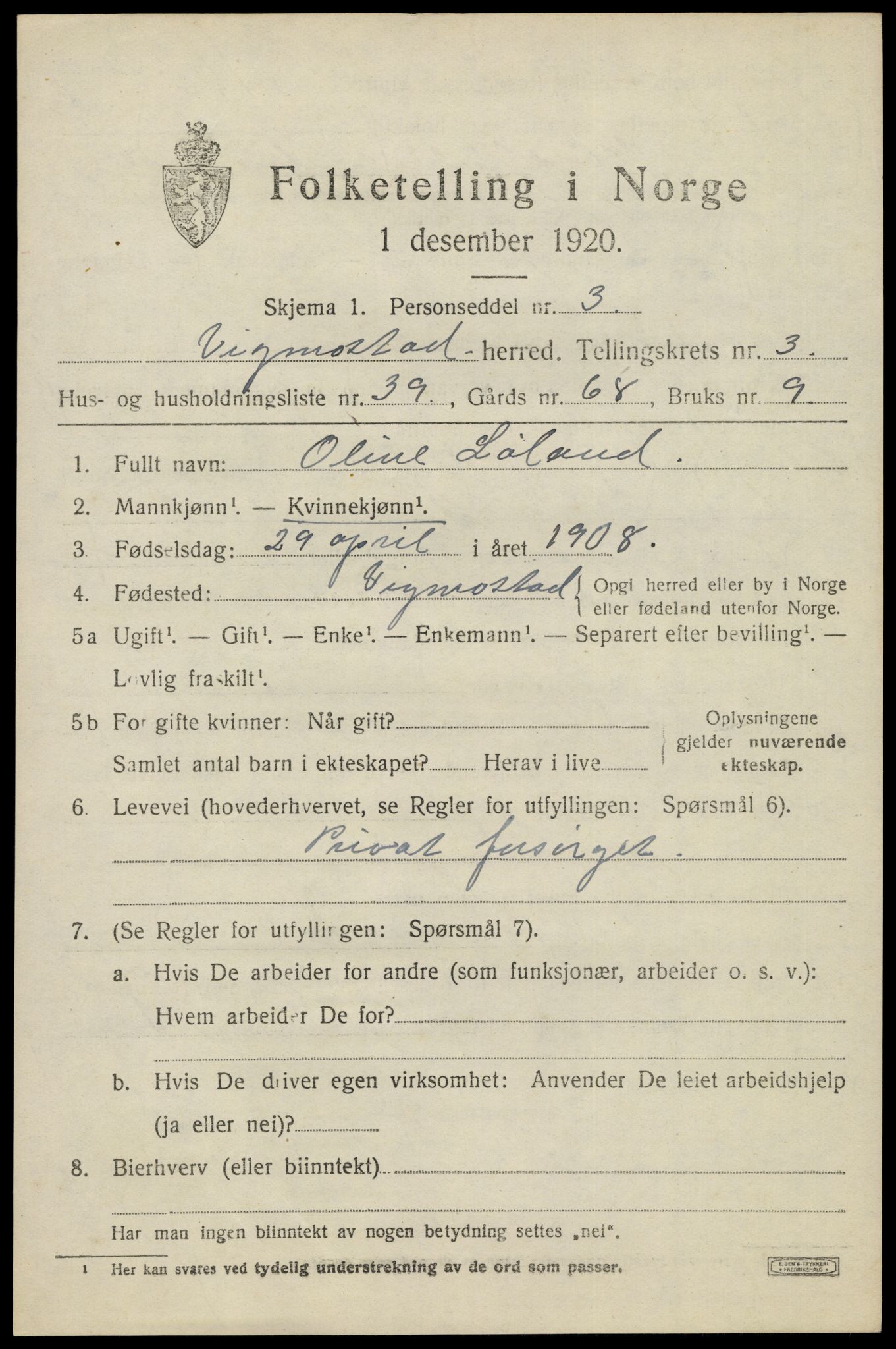 SAK, 1920 census for Vigmostad, 1920, p. 1139