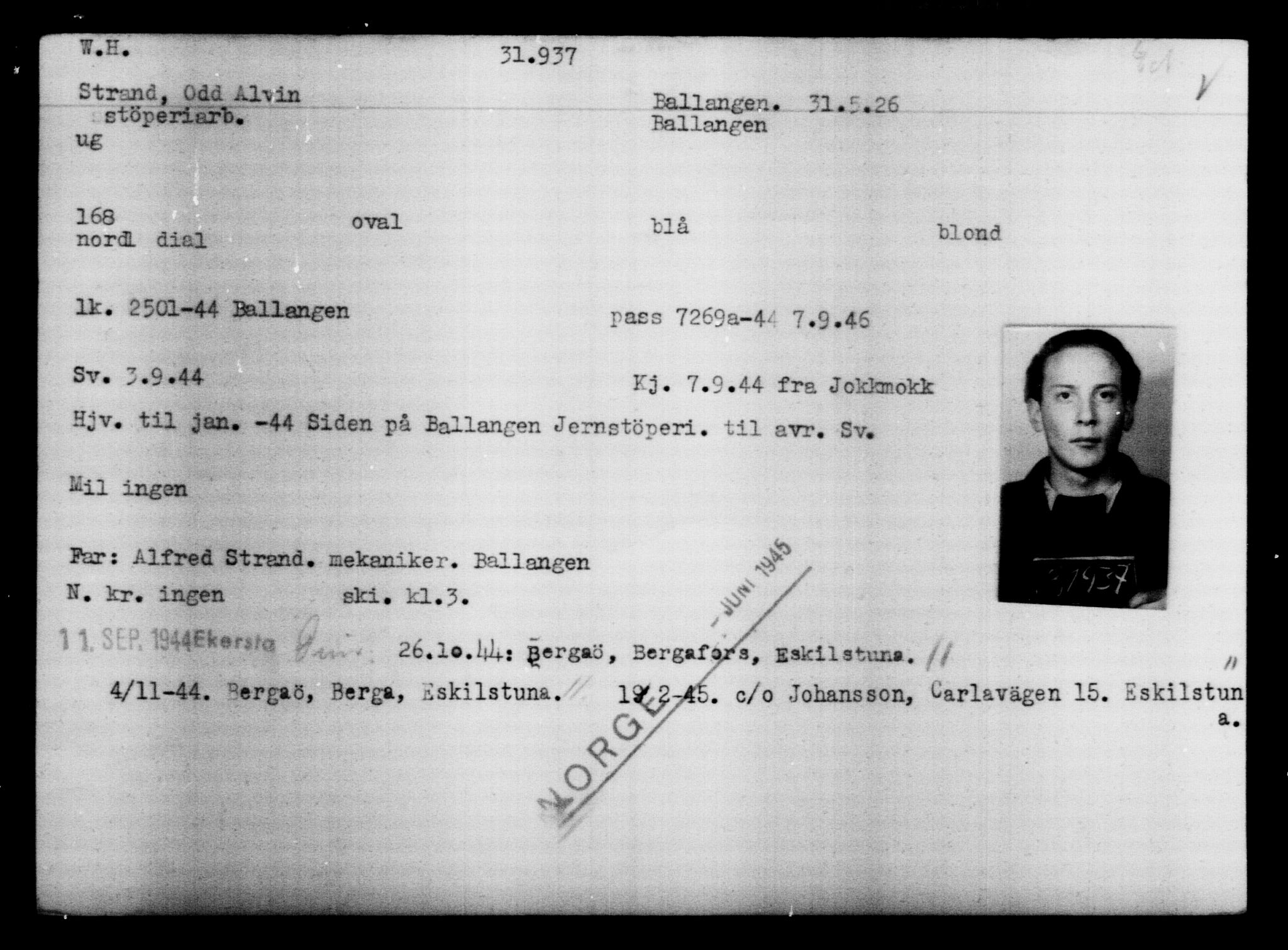 Utenriksstasjonene, Legasjonen i Stockholm, Flyktningkontoret, AV/RA-S-6753/V/Va/L0013: Kjesäterkartoteket, flyktninger med registreringsnr. 31500-34731, 1940-1945, p. 486