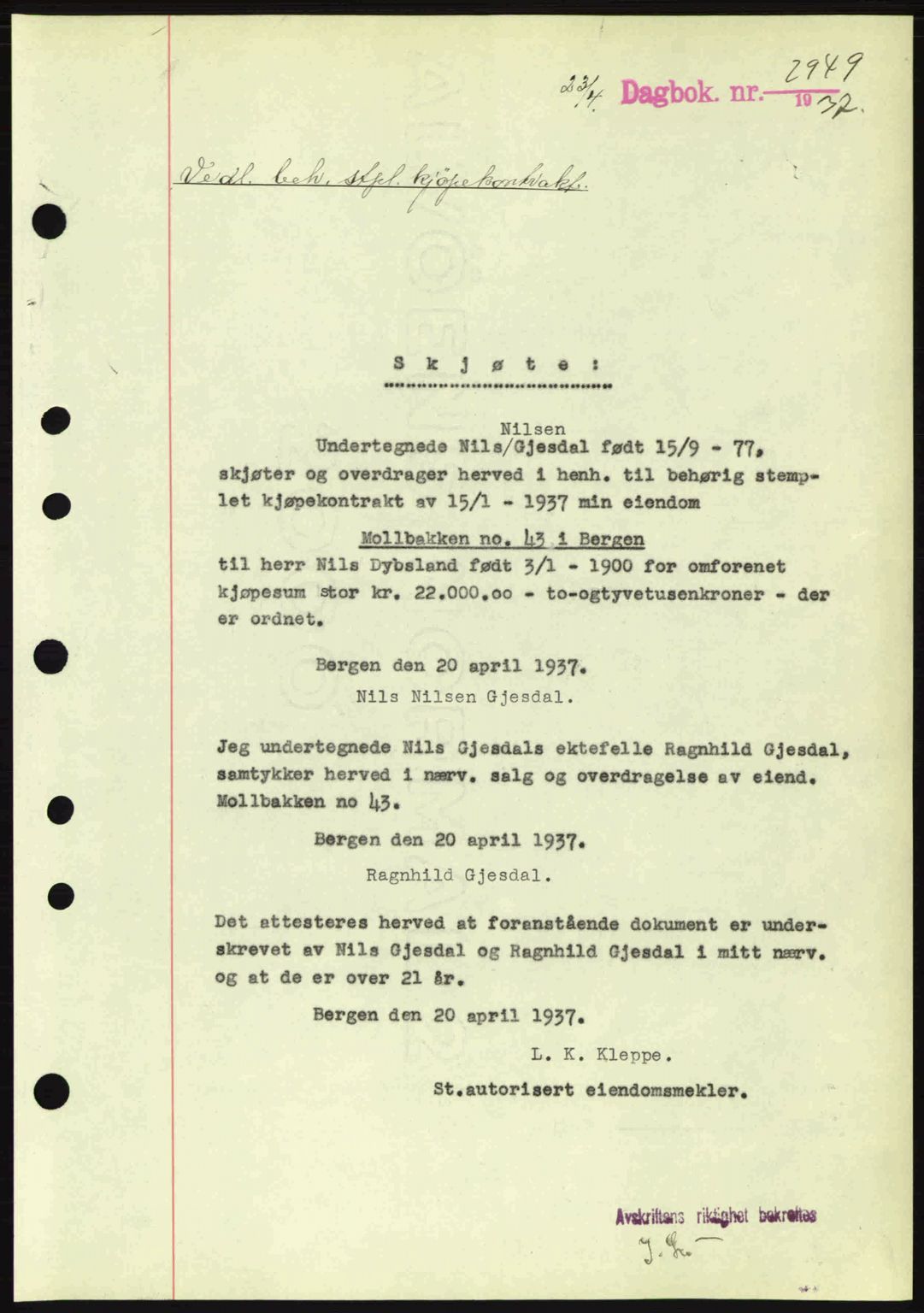 Byfogd og Byskriver i Bergen, SAB/A-3401/03/03Bc/L0004: Mortgage book no. A3-4, 1936-1937, Diary no: : 2949/1937