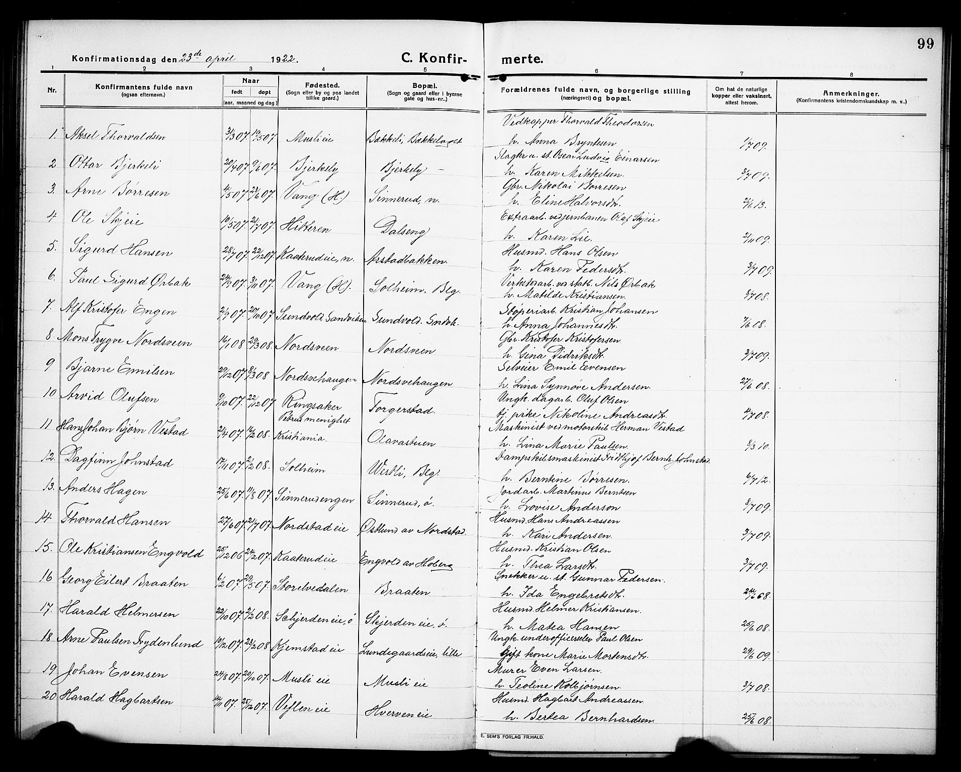 Stange prestekontor, SAH/PREST-002/L/L0015: Parish register (copy) no. 15, 1916-1928, p. 99