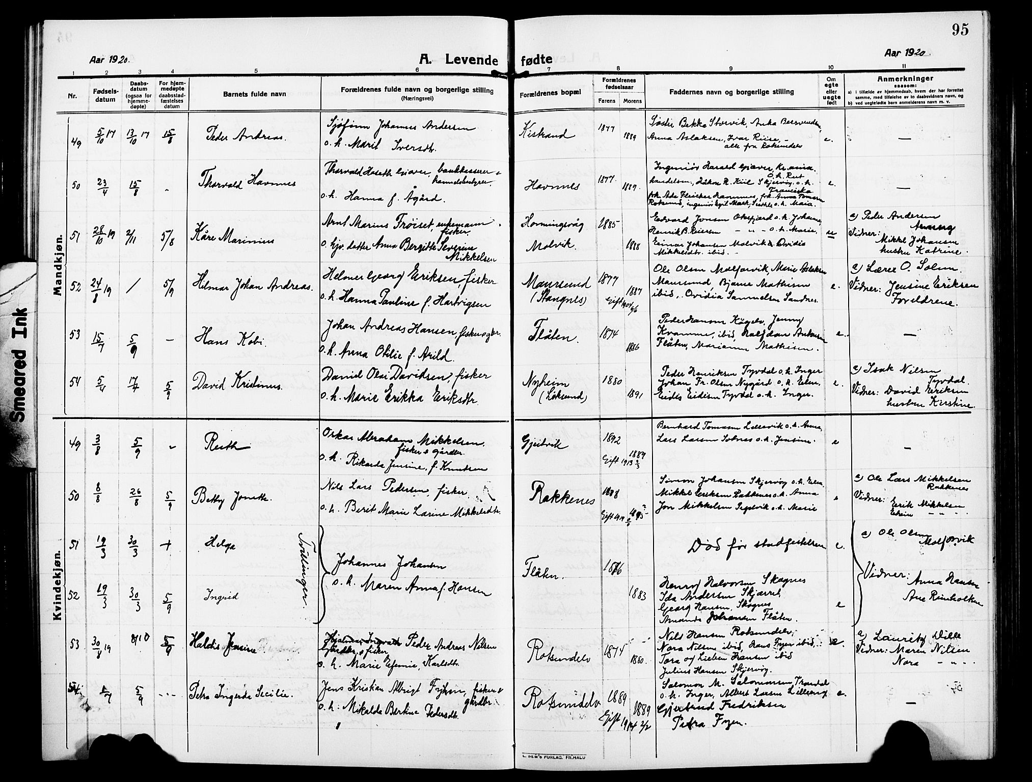 Skjervøy sokneprestkontor, AV/SATØ-S-1300/H/Ha/Hab/L0009klokker: Parish register (copy) no. 9, 1911-1926, p. 95