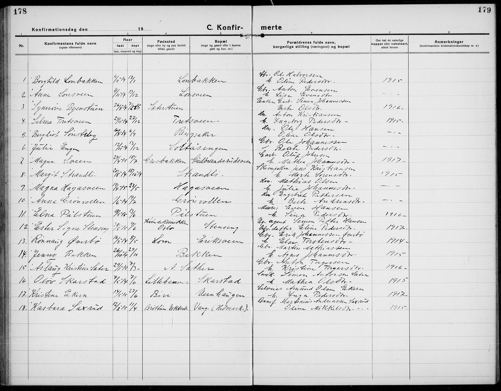 Brøttum prestekontor, SAH/PREST-016/L/La/L0001: Parish register (copy) no. 1, 1921-1941, p. 178-179