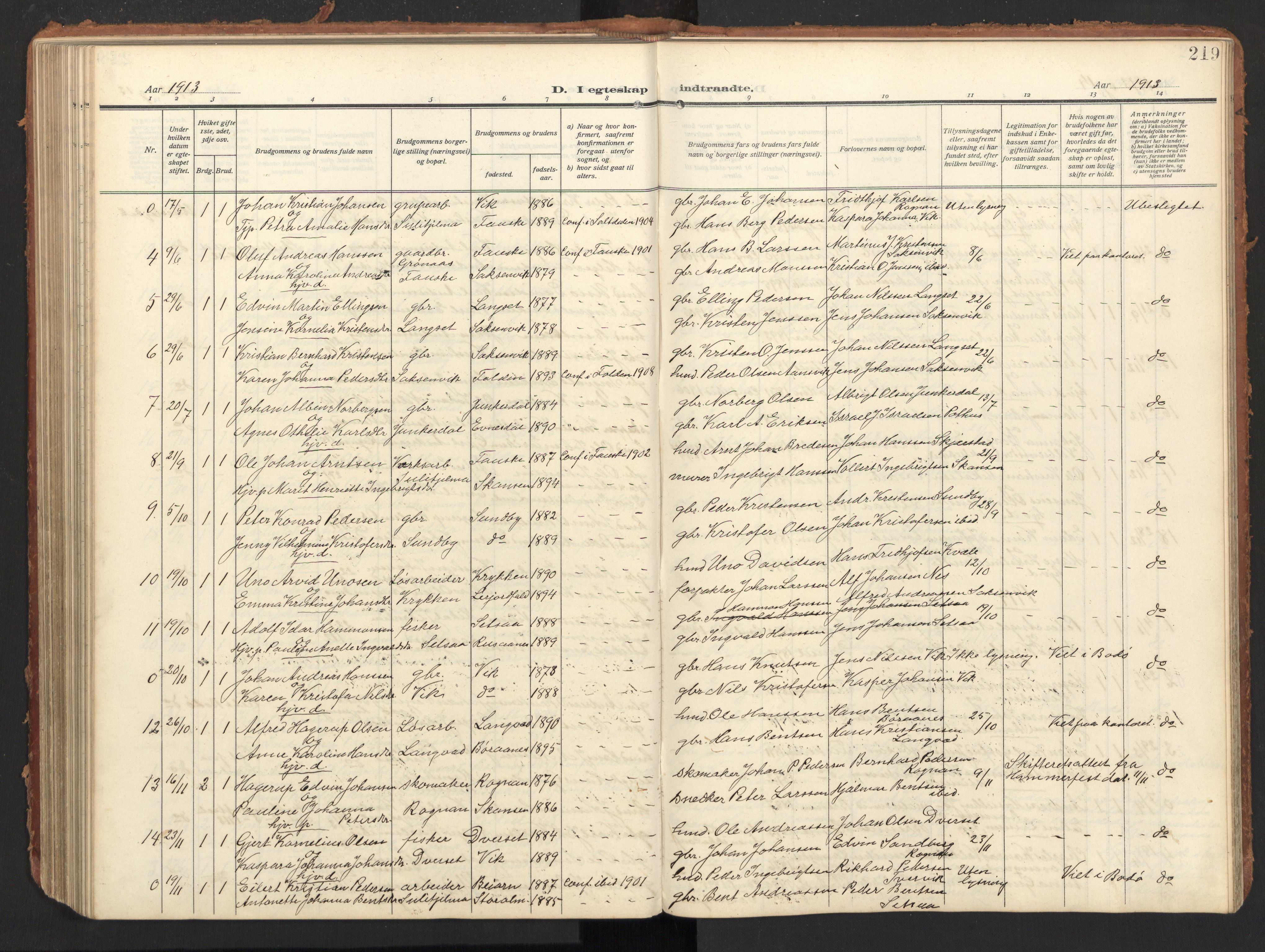 Ministerialprotokoller, klokkerbøker og fødselsregistre - Nordland, AV/SAT-A-1459/847/L0683: Parish register (copy) no. 847C11, 1908-1929, p. 219