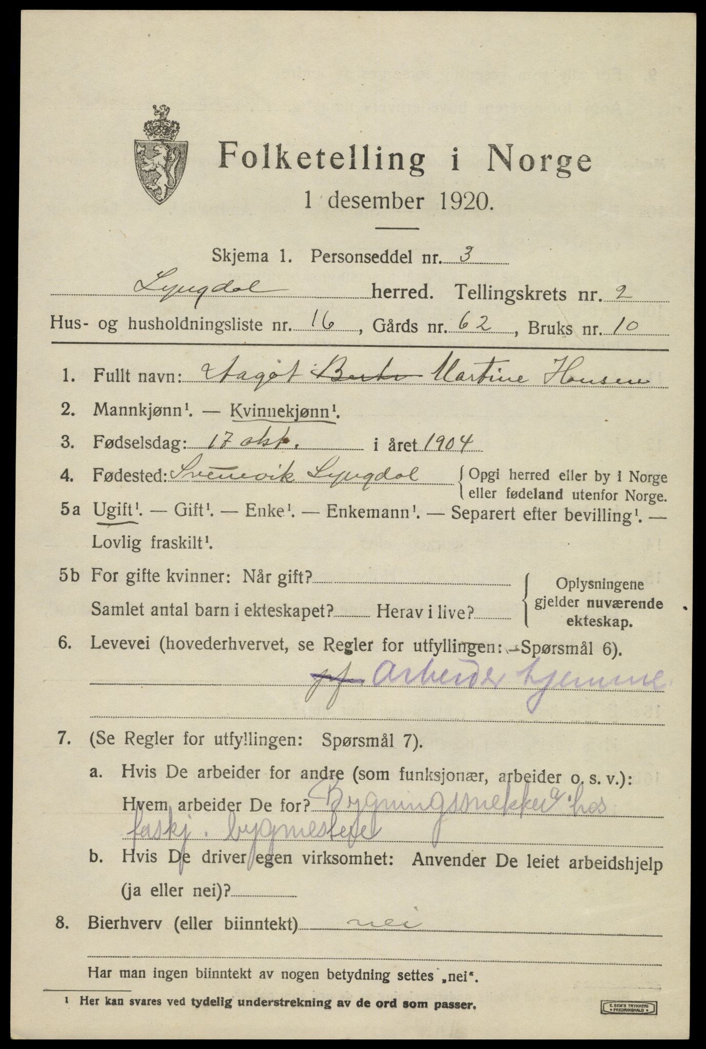 SAK, 1920 census for Lyngdal, 1920, p. 1723
