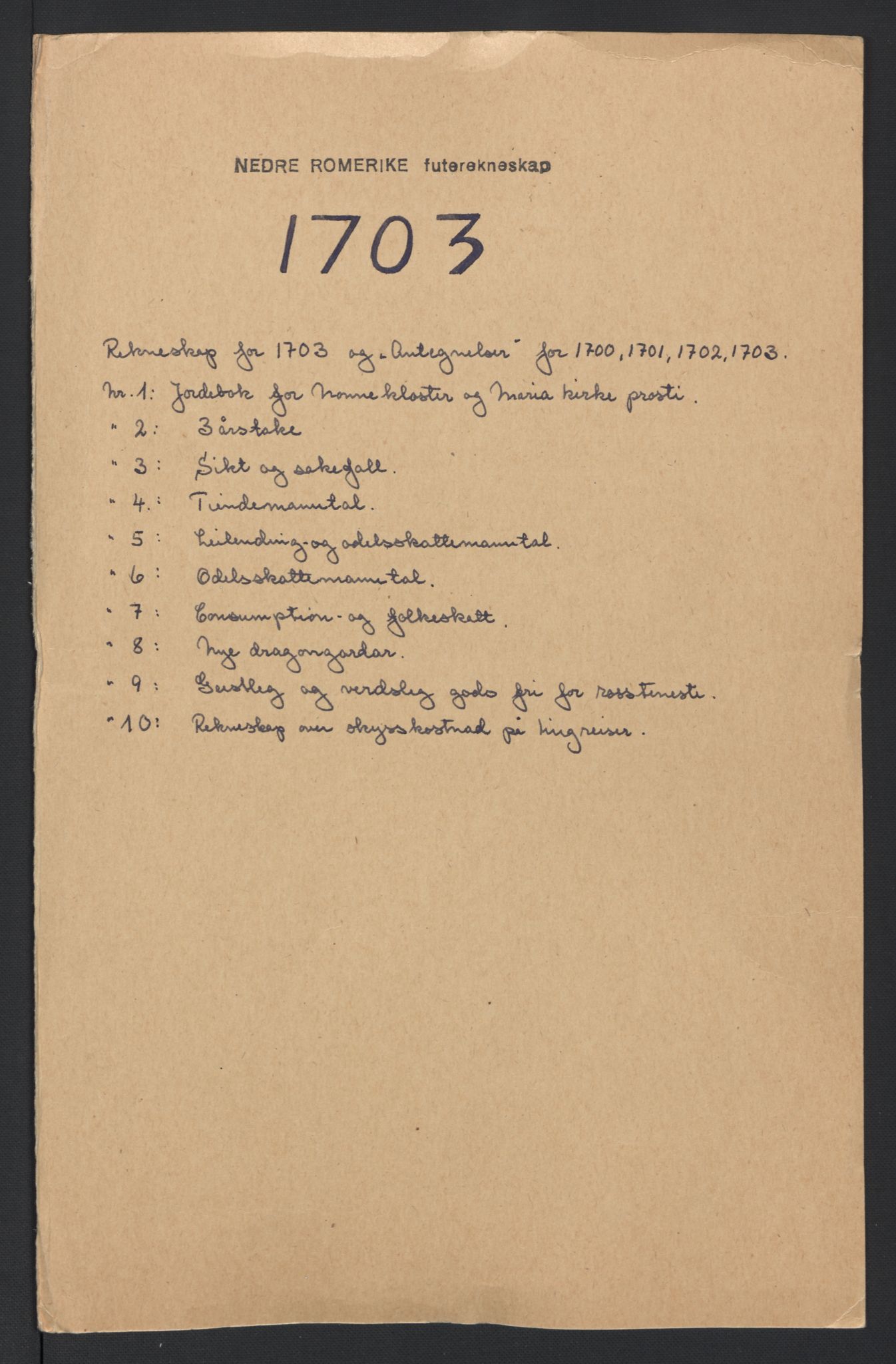 Rentekammeret inntil 1814, Reviderte regnskaper, Fogderegnskap, AV/RA-EA-4092/R11/L0586: Fogderegnskap Nedre Romerike, 1703, p. 2