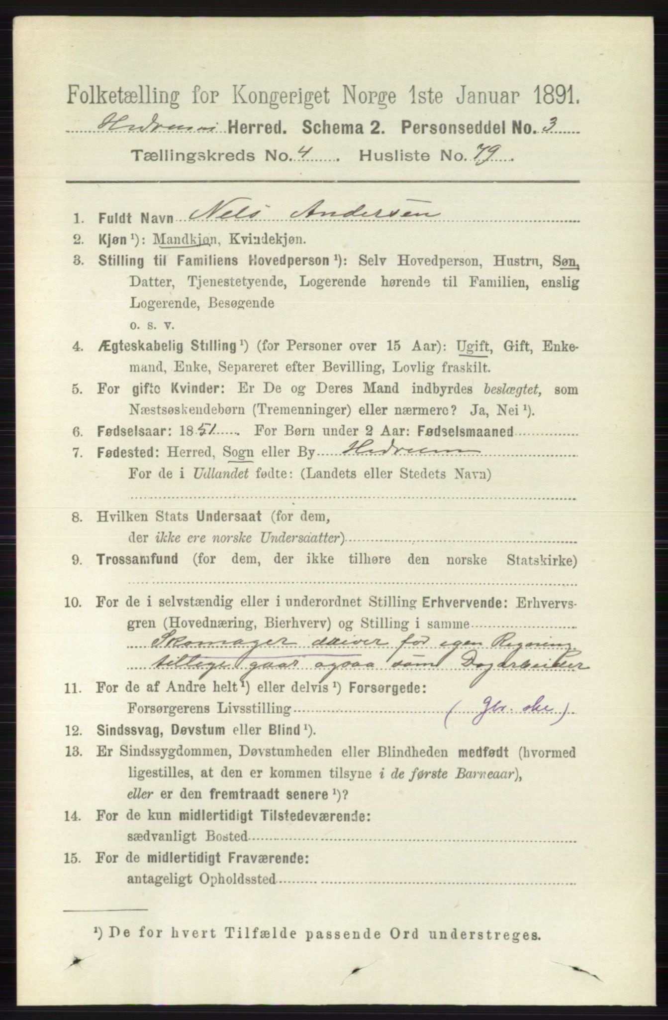 RA, 1891 census for 0727 Hedrum, 1891, p. 1834