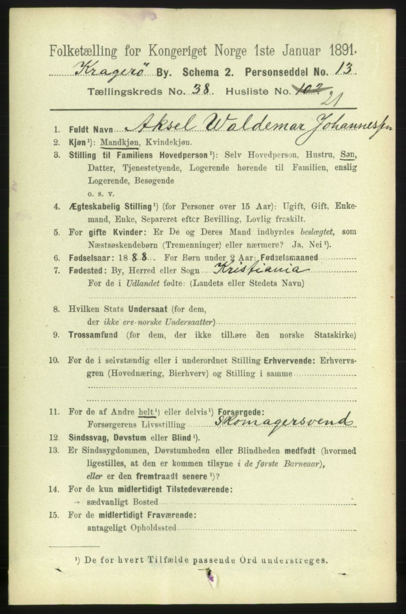 RA, 1891 census for 0801 Kragerø, 1891, p. 7283