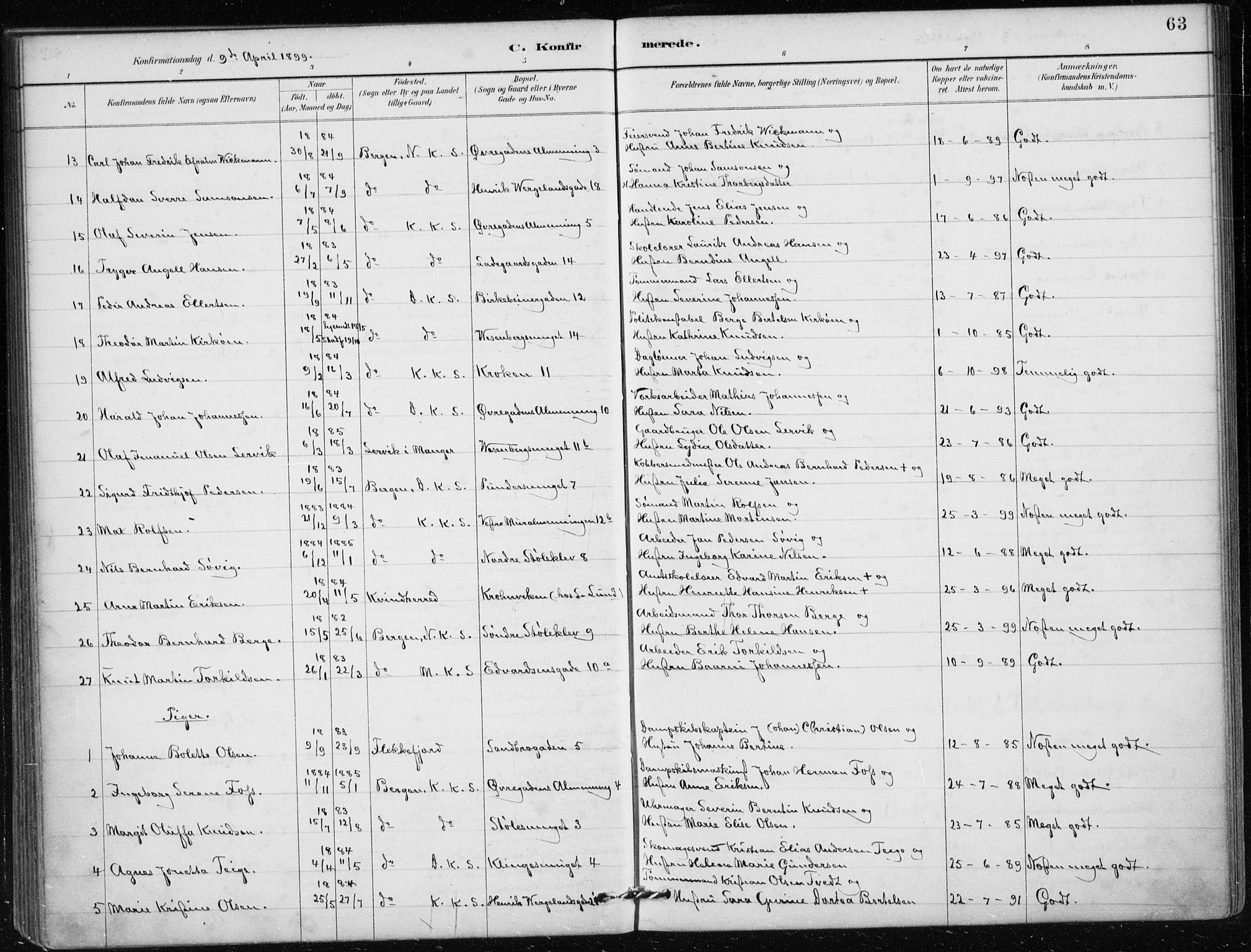 Mariakirken Sokneprestembete, AV/SAB-A-76901/H/Haa/L0013: Parish register (official) no. C 1, 1889-1900, p. 63