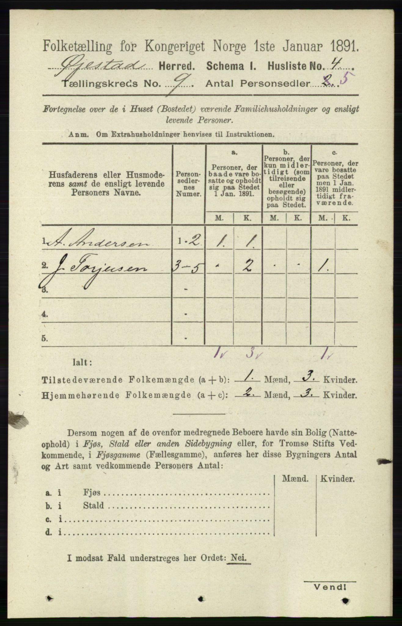 RA, 1891 census for 0920 Øyestad, 1891, p. 3474