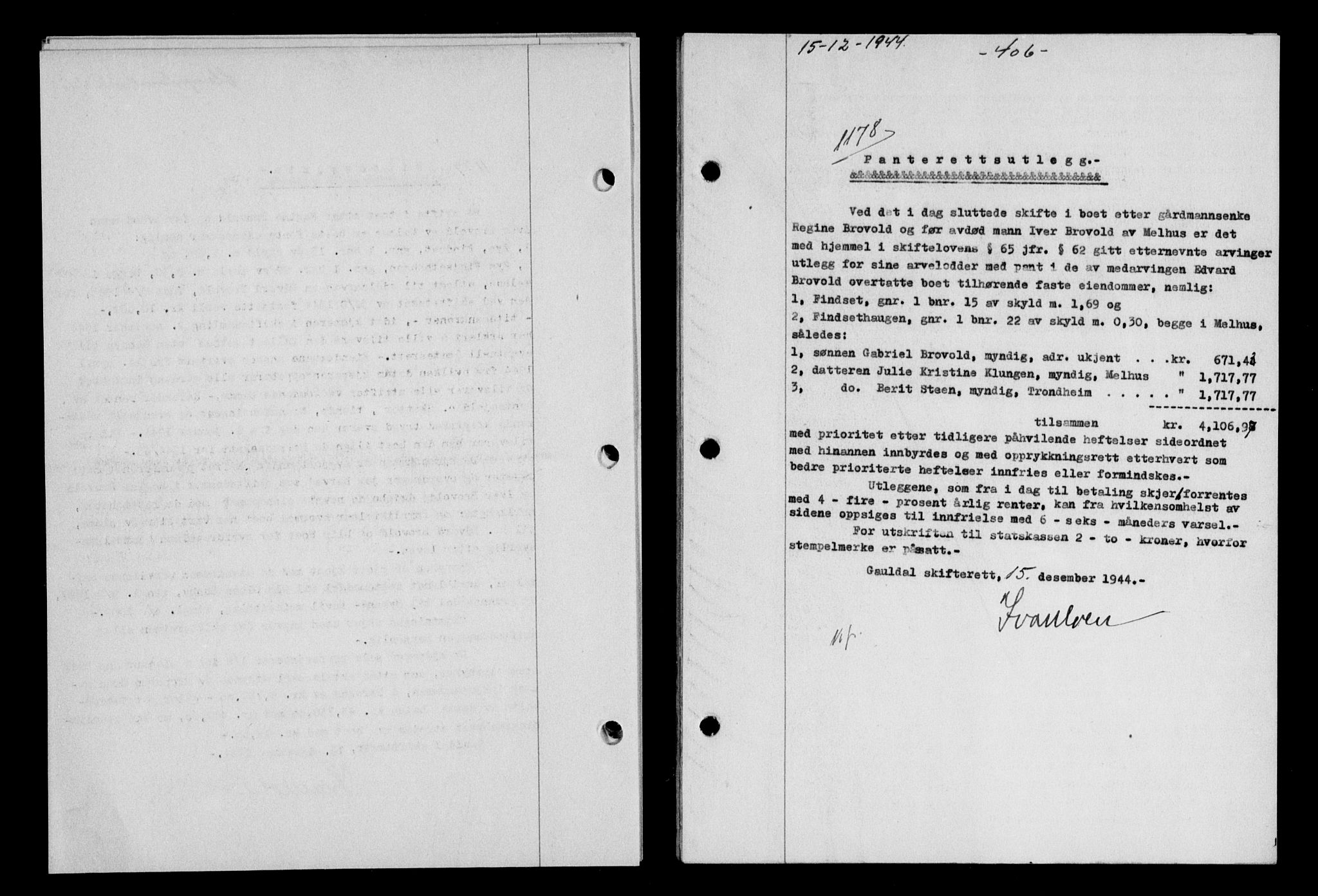 Gauldal sorenskriveri, SAT/A-0014/1/2/2C/L0058: Mortgage book no. 63, 1944-1945, Diary no: : 1178/1944