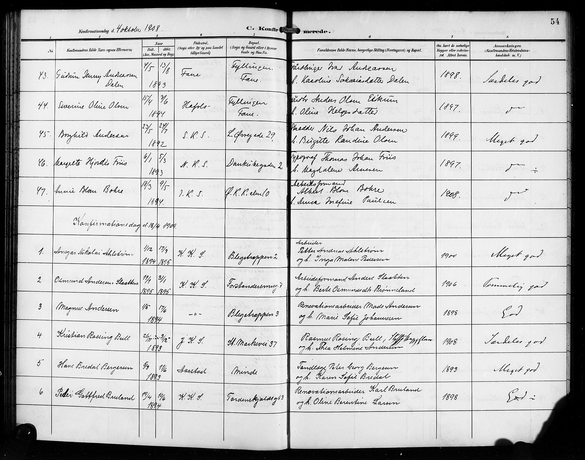 Korskirken sokneprestembete, SAB/A-76101/H/Hab: Parish register (copy) no. C 5, 1906-1918, p. 54