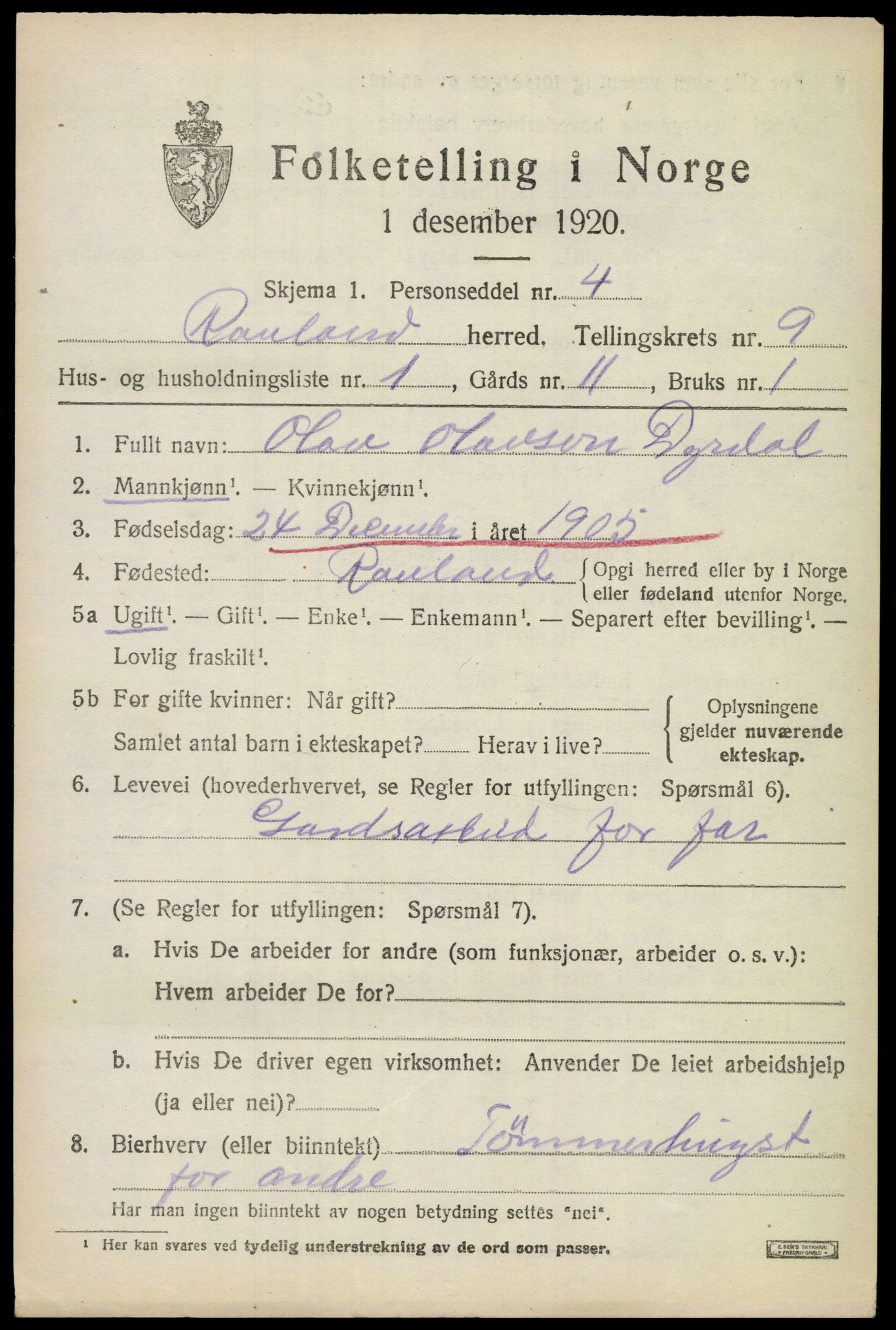 SAKO, 1920 census for Rauland, 1920, p. 1902