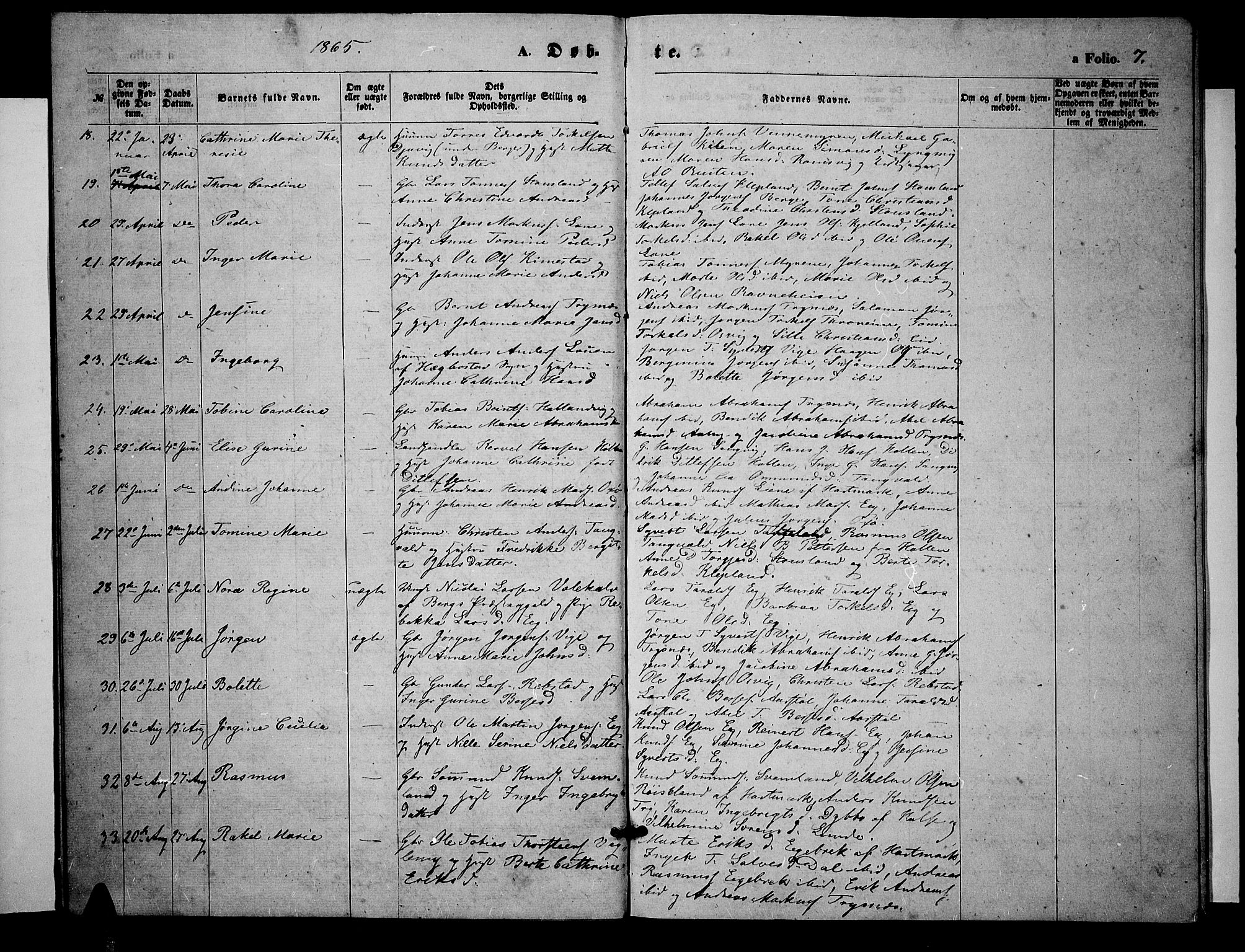 Søgne sokneprestkontor, SAK/1111-0037/F/Fb/Fbb/L0004: Parish register (copy) no. B 4, 1864-1883, p. 7