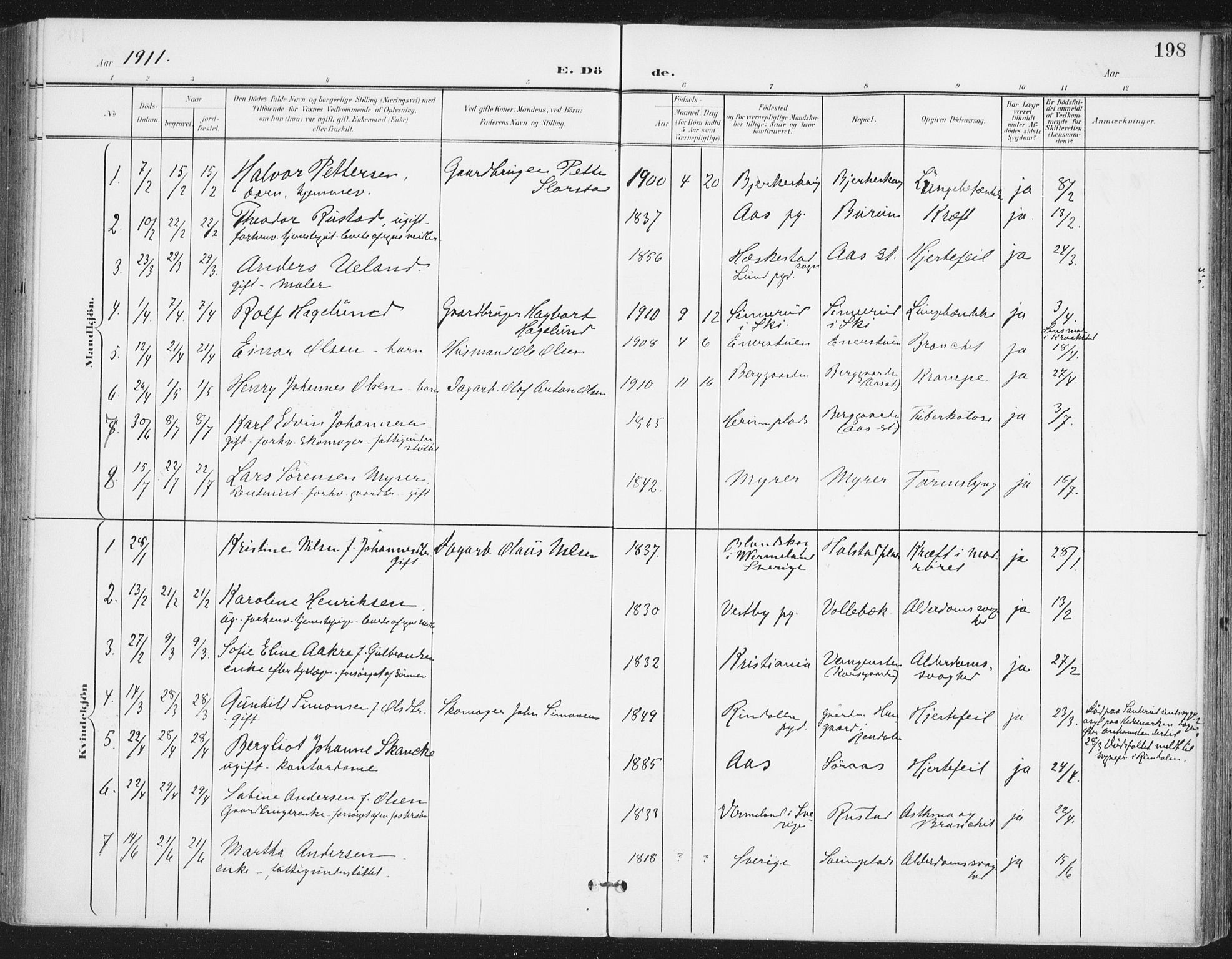 Ås prestekontor Kirkebøker, AV/SAO-A-10894/F/Fa/L0010: Parish register (official) no. I 10, 1900-1918, p. 198