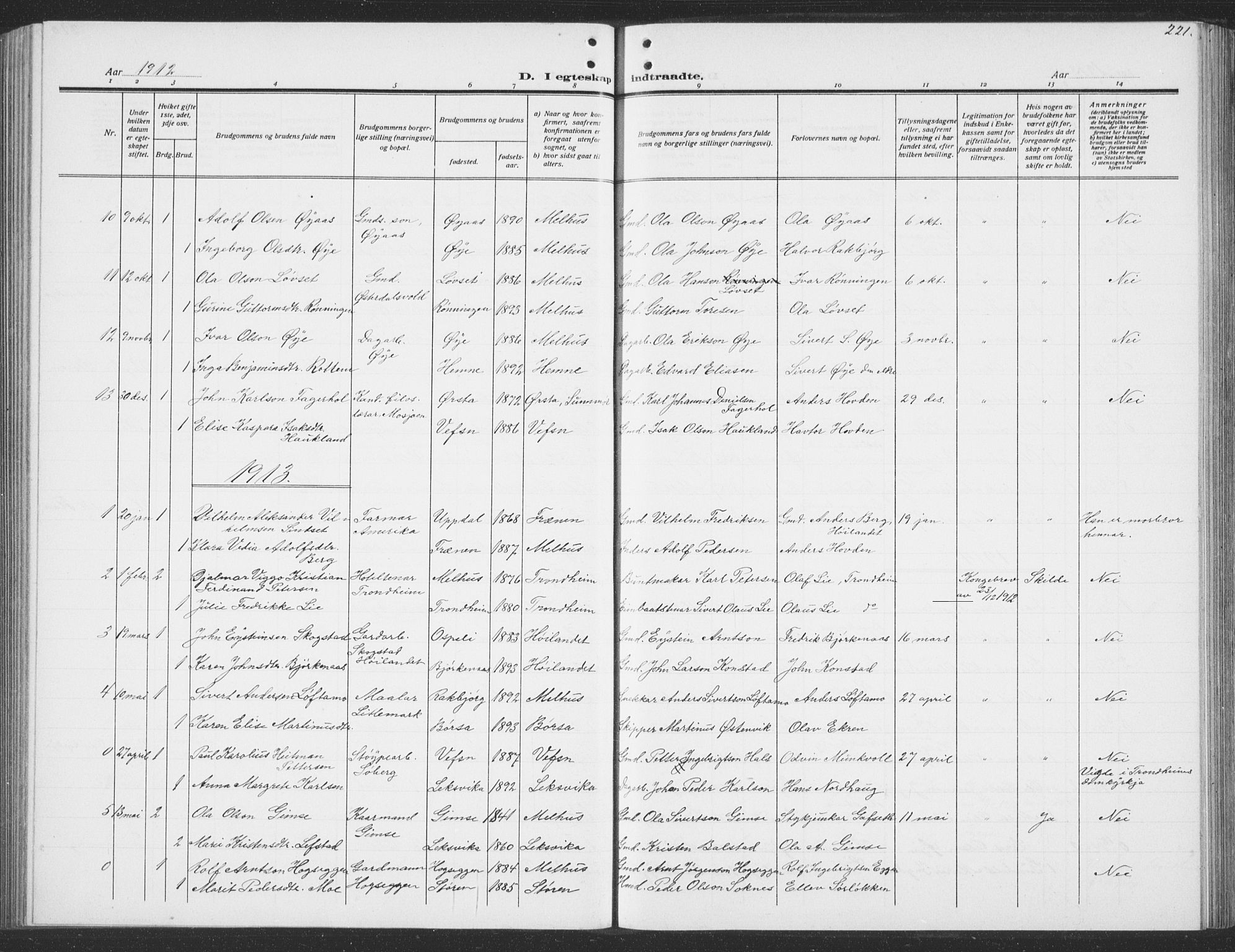 Ministerialprotokoller, klokkerbøker og fødselsregistre - Sør-Trøndelag, SAT/A-1456/691/L1095: Parish register (copy) no. 691C06, 1912-1933, p. 221