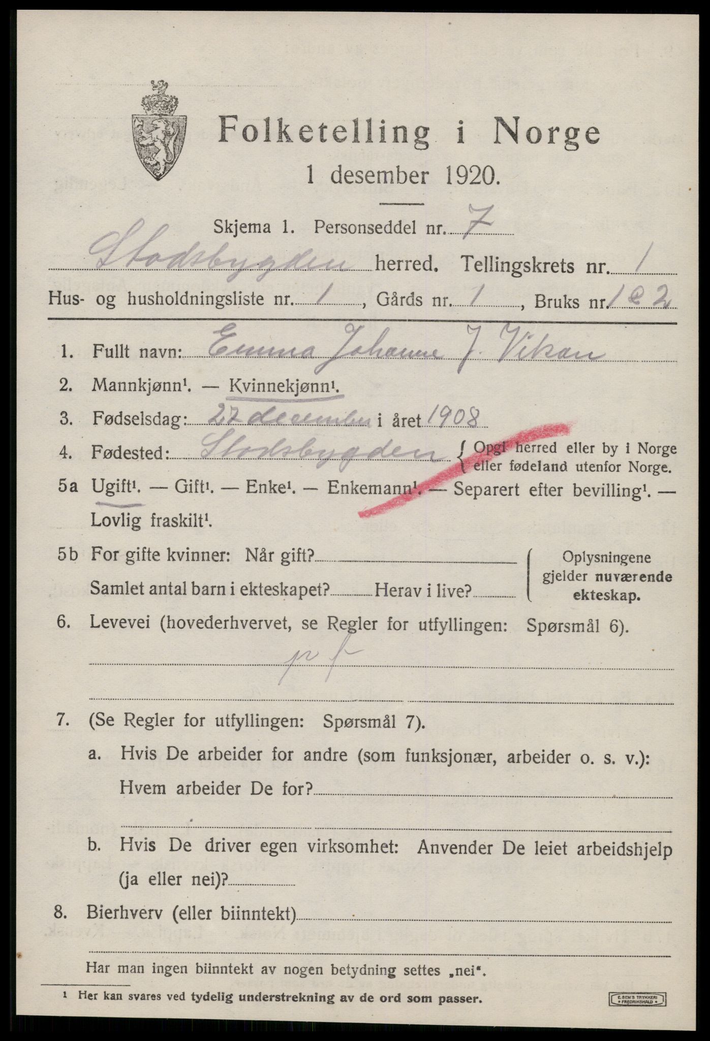 SAT, 1920 census for Stadsbygd, 1920, p. 678