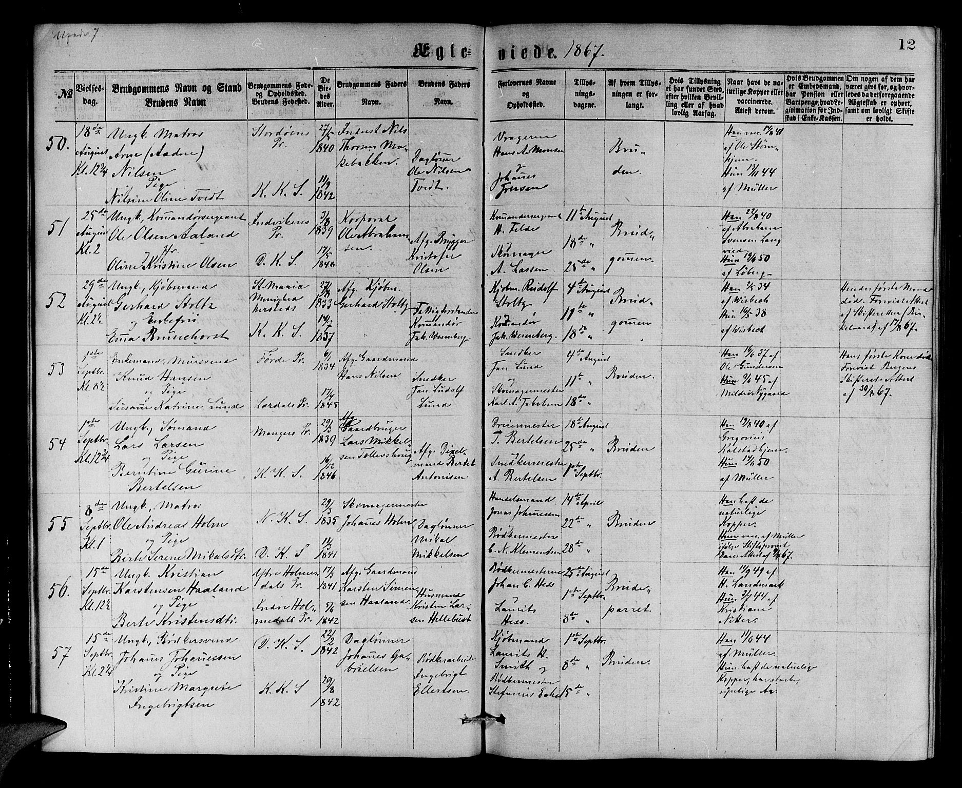 Korskirken sokneprestembete, AV/SAB-A-76101/H/Hab: Parish register (copy) no. D 2, 1867-1886, p. 12