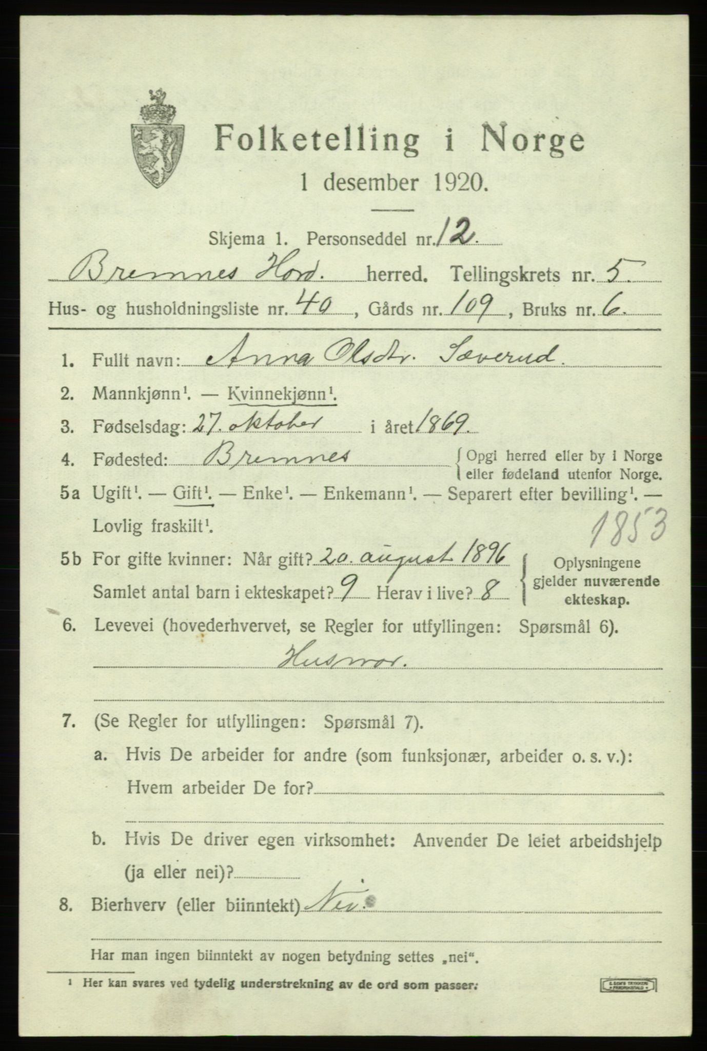 SAB, 1920 census for Bremnes, 1920, p. 3048