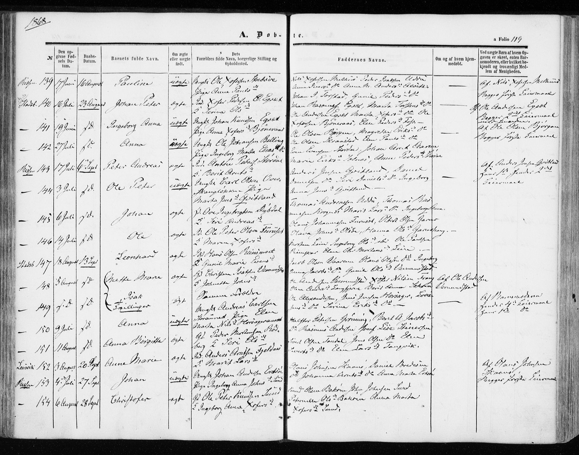 Ministerialprotokoller, klokkerbøker og fødselsregistre - Sør-Trøndelag, SAT/A-1456/646/L0612: Parish register (official) no. 646A10, 1858-1869, p. 119