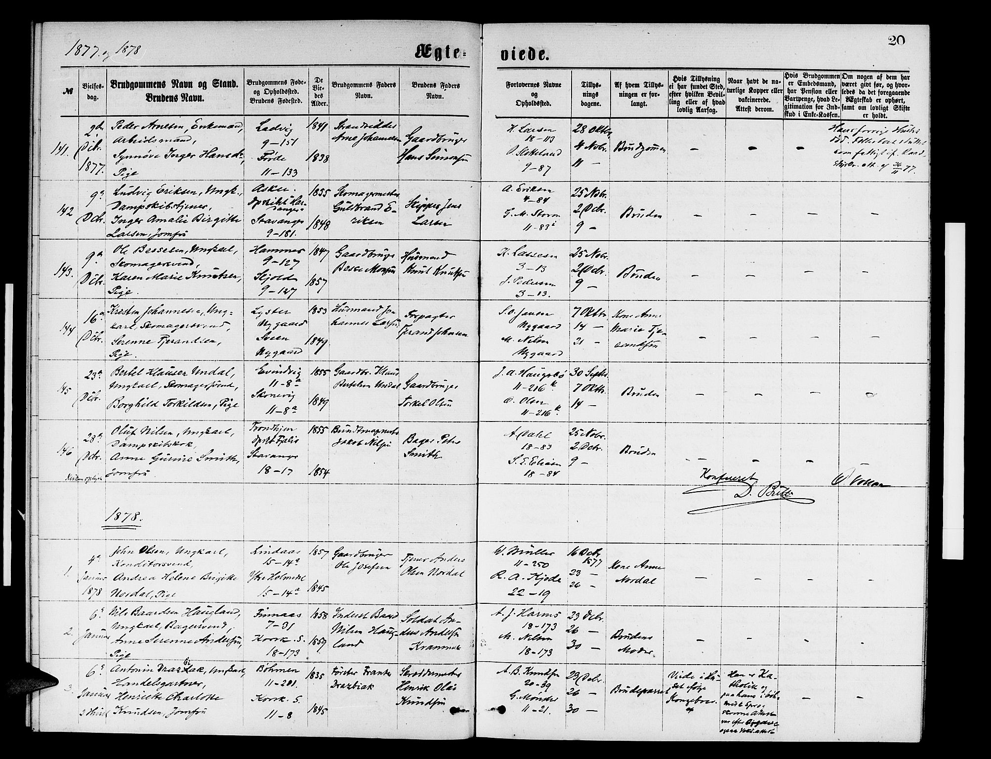 Domkirken sokneprestembete, SAB/A-74801/H/Hab/L0031: Parish register (copy) no. D 3, 1877-1880, p. 20