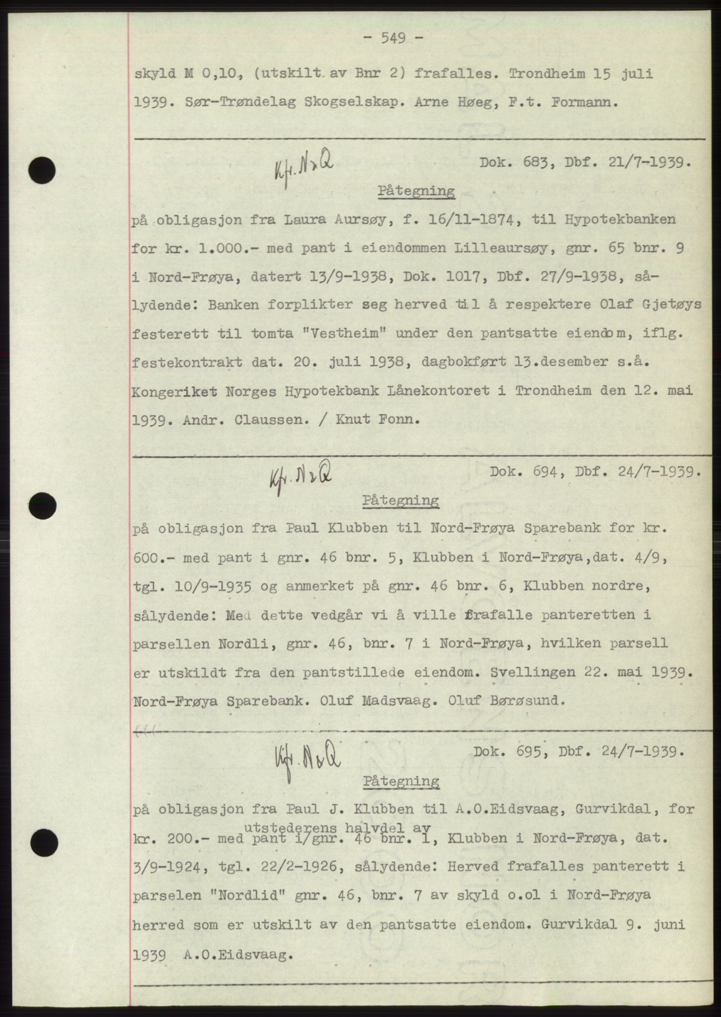 Hitra sorenskriveri, AV/SAT-A-0018/2/2C/2Ca: Mortgage book no. C1, 1936-1945, Diary no: : 683/1939