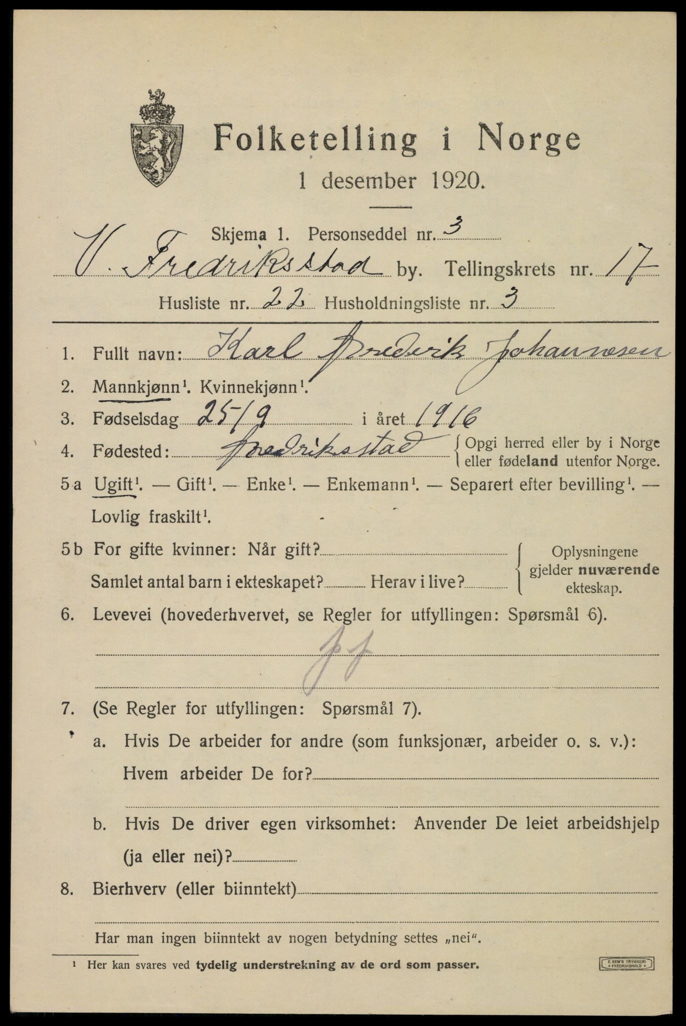 SAO, 1920 census for Fredrikstad, 1920, p. 39217