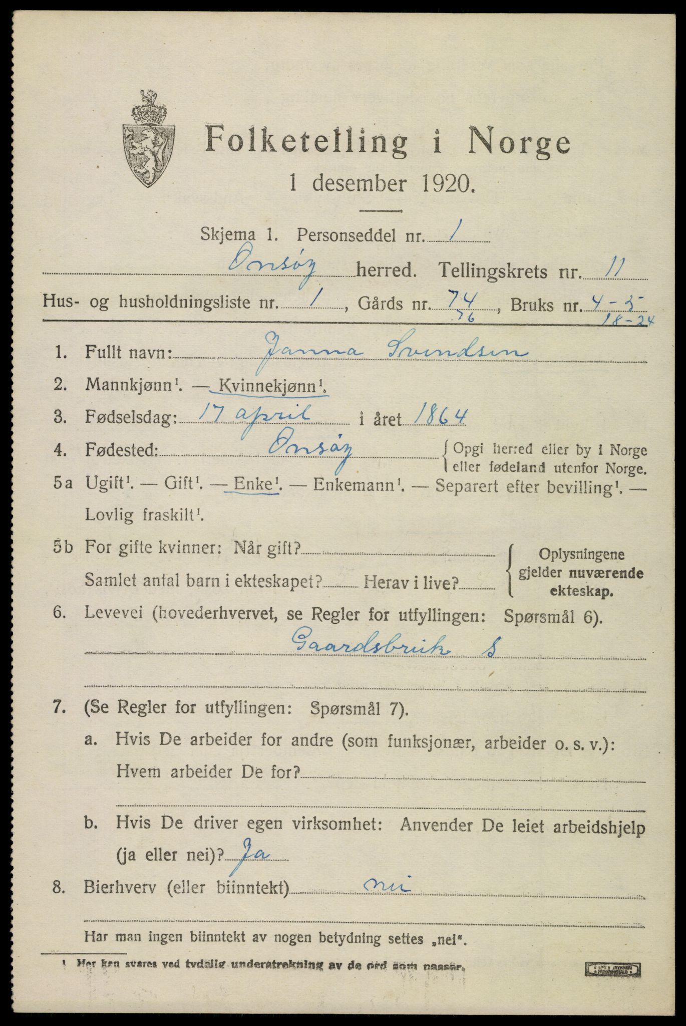 SAO, 1920 census for Onsøy, 1920, p. 14396