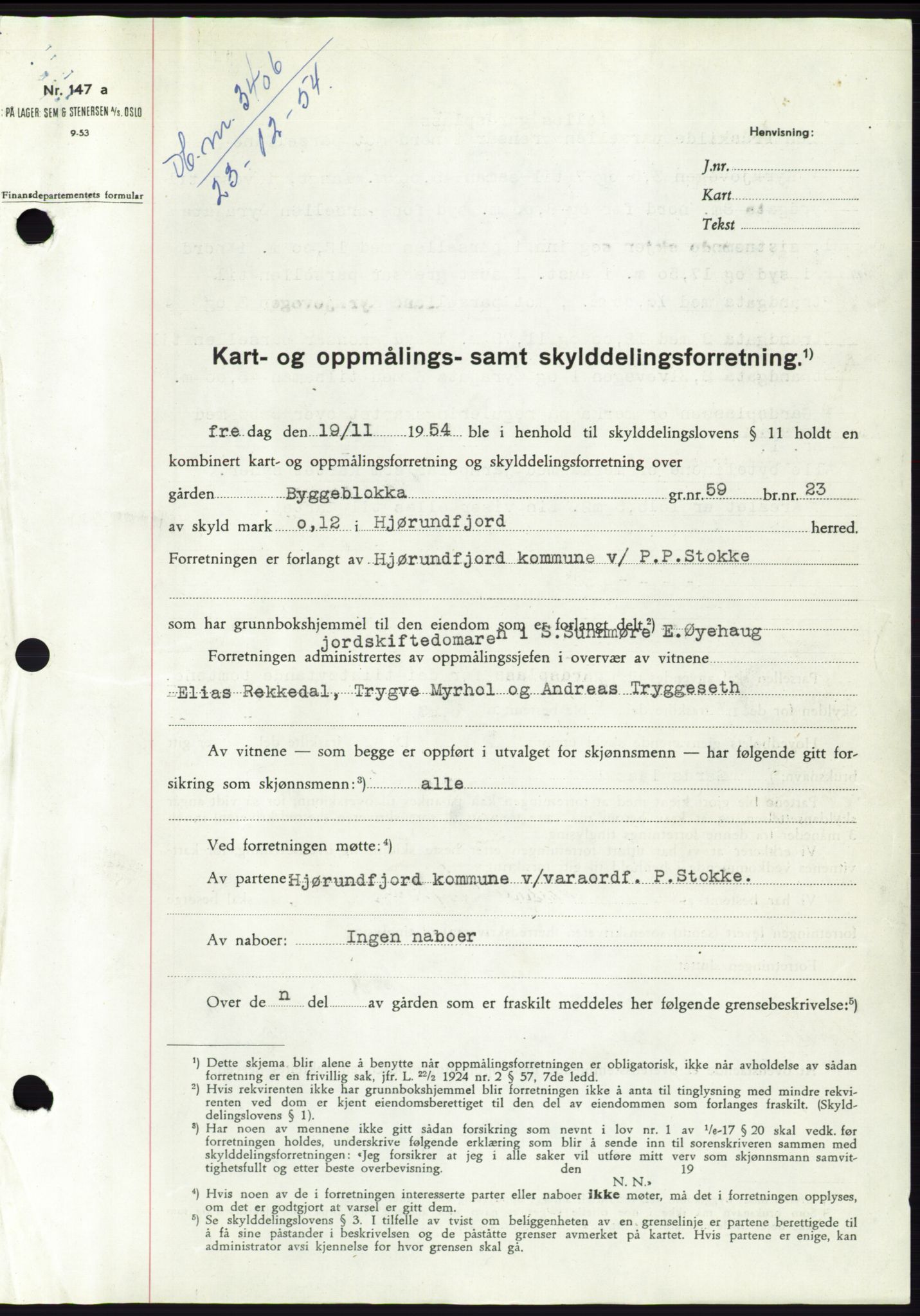 Søre Sunnmøre sorenskriveri, AV/SAT-A-4122/1/2/2C/L0099: Mortgage book no. 25A, 1954-1954, Diary no: : 3406/1954