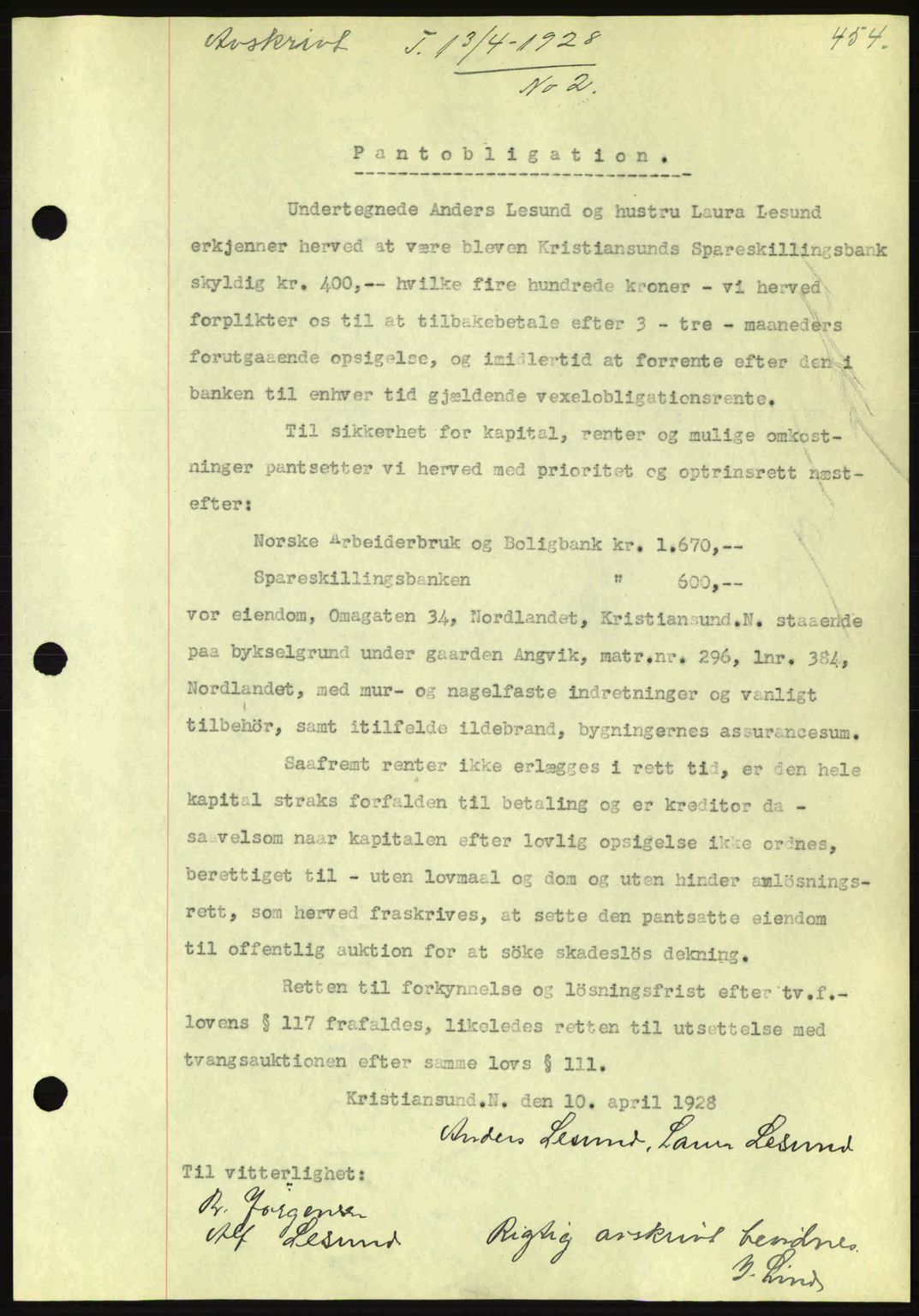 Kristiansund byfogd, AV/SAT-A-4587/A/27: Mortgage book no. 21, 1926-1928, Deed date: 13.04.1928