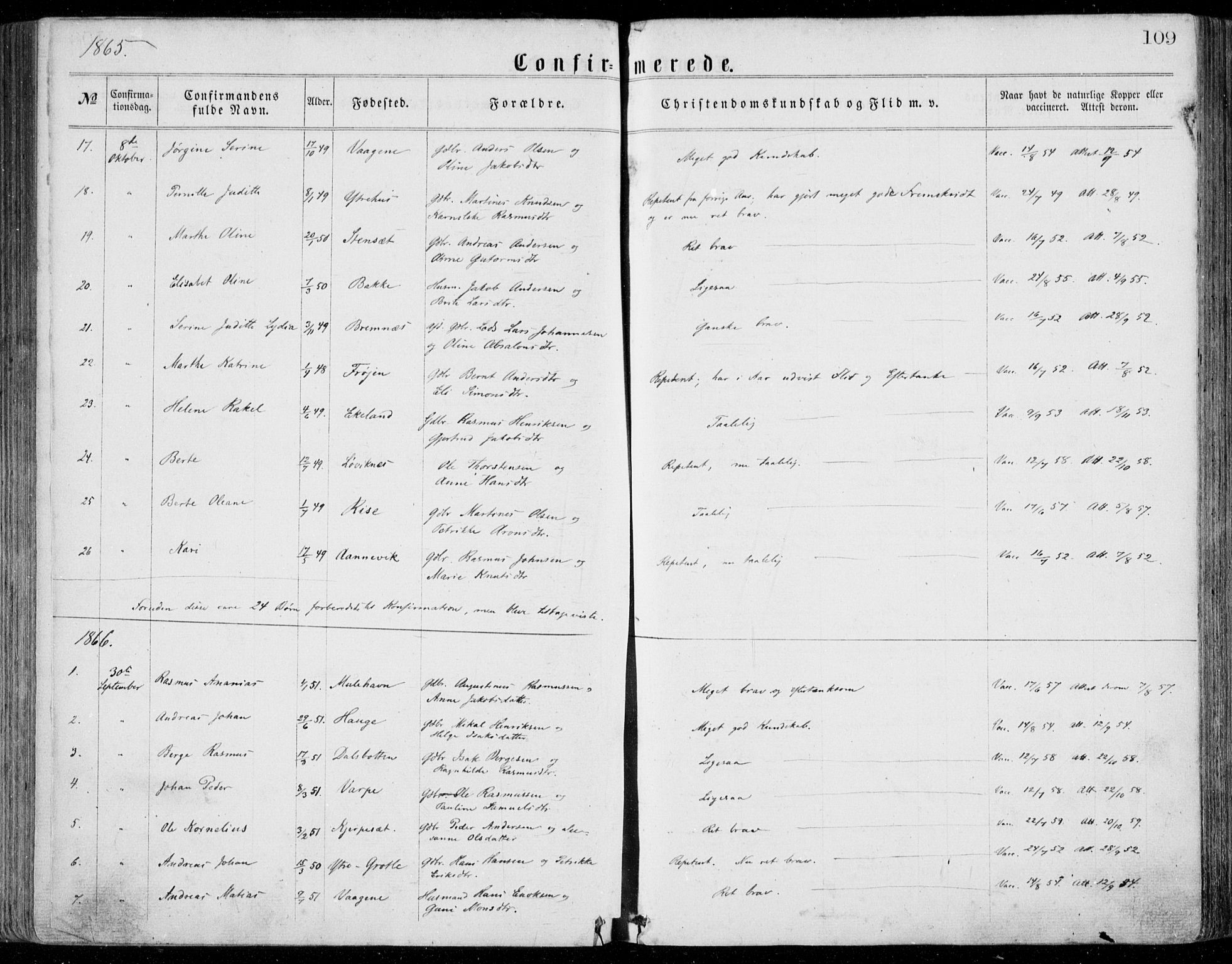 Bremanger sokneprestembete, SAB/A-82201/H/Haa/Haaa/L0001: Parish register (official) no. A  1, 1864-1883, p. 109