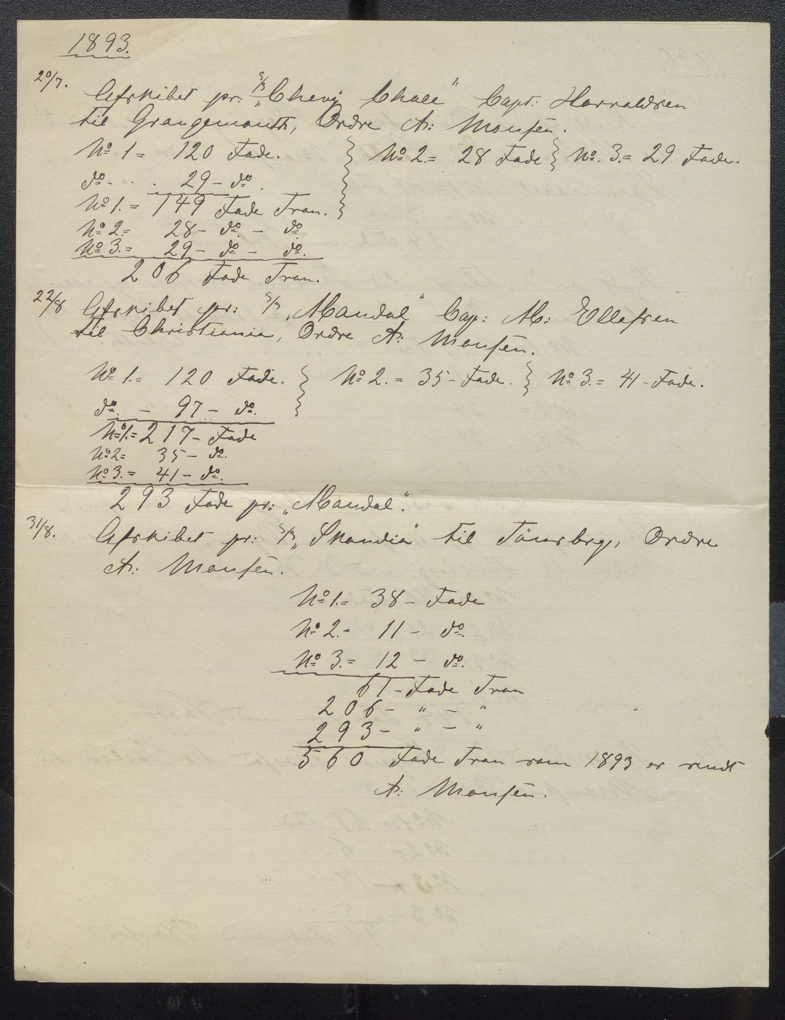 Evensen, Conrad A. Hvalfangstbestyrer, VEMU/VFA-A-1143/P/L0001: Sunnhetserklæringer, 1890-1920